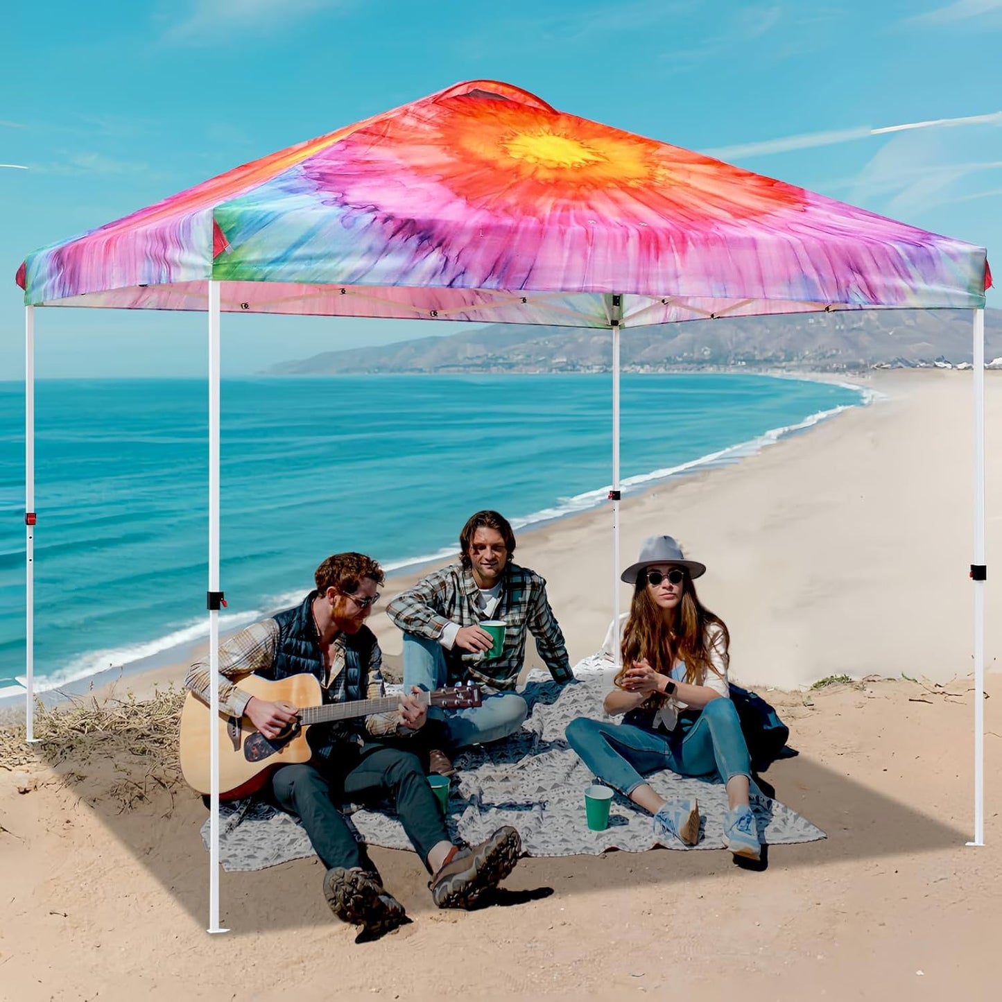 EAGLE PEAK Pop Up Canopy Tent with Wheeled Carry Bag, 8 Stakes, 4 Ropes, 4 Weight Bags, Easy Set Up Tent Canopy, 10x10 ft, 100sqft of Shade, Floral Tie Dye