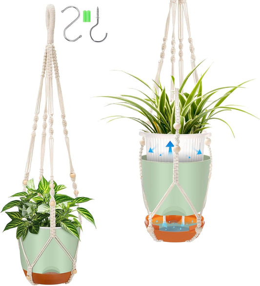 2-Pack 7.2-Inch Self-Watering Hanging Planters for Indoor & Outdoor Plants,34-Inch macrame hanger plant pots indoor with drainage,Small Hanging Planters & Baskets in Green,With two sets of hooks