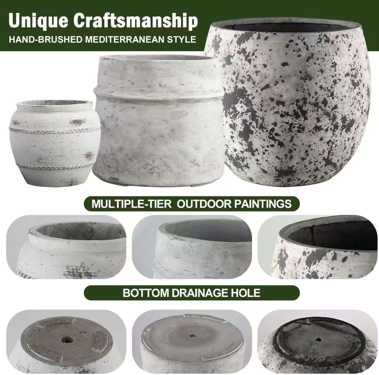 Craft flowerpots 18"+13"+9" Dia Round Concrete Planter Set of 3 Large Outdoor/Indoor Planter Pots Containers with Drainage Holes and Rubber Plug for Home Garden (White, Large)