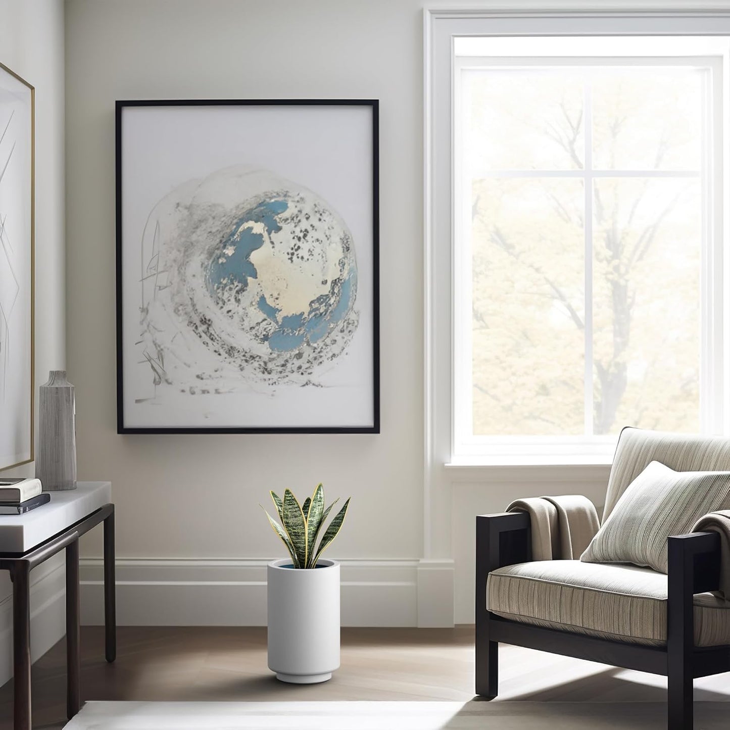 Kante 15.7 Inch Tall Concrete Planter, Round Pedestal Design Garden Pot for Indoor Outdoor Plants, Modern Garden Pot with Drainage Hole, White Finish with Aqua Blue Interior