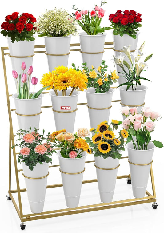 Flower Display Stand 3 Layers with 12 PCS Round Buckets, Plant Stand with Wheels, Movable Metal Plant Stand for Terrace Garden, Florist Shop (Gold Frame, White Buckets, 3-Tier, 12 Buckets)