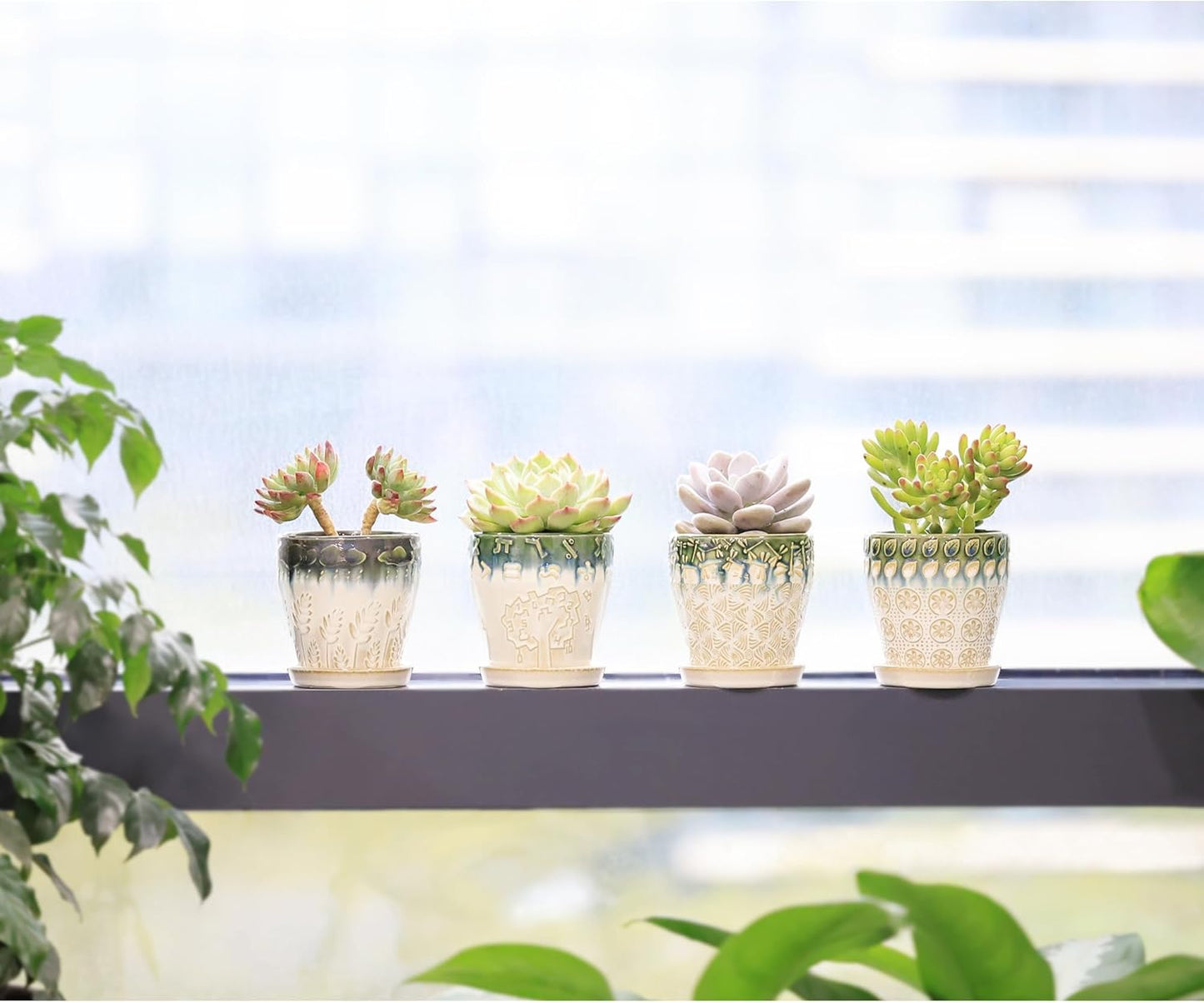 Succulent Planter 4 inch, Succulent Pot with Drainage Holes, Saucers and Mesh Pads for Indoor Plants, Ceramic Pot for Indoor Plants- Set of 4