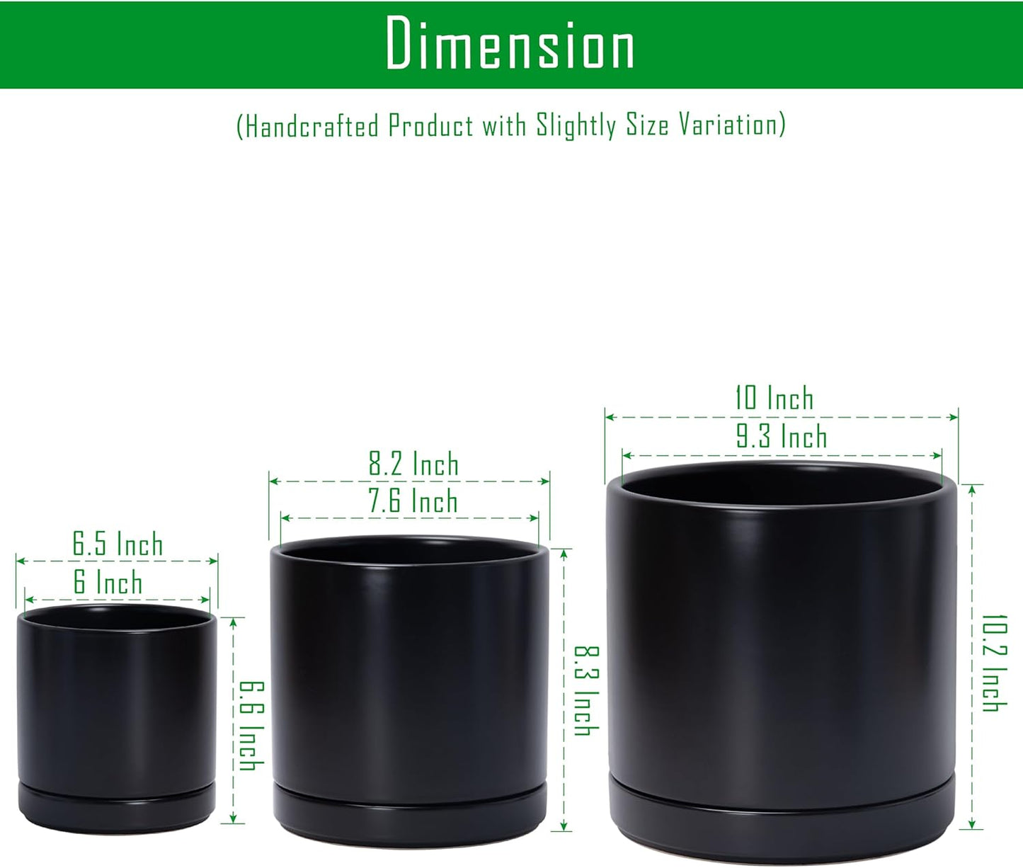 D'vine Dev 6 Inch & 8 Inch & 10 Inch, Set of 3 Round Ceramic Planter Pot with Drainage Hole and Saucer, Black, 94-T-L-2