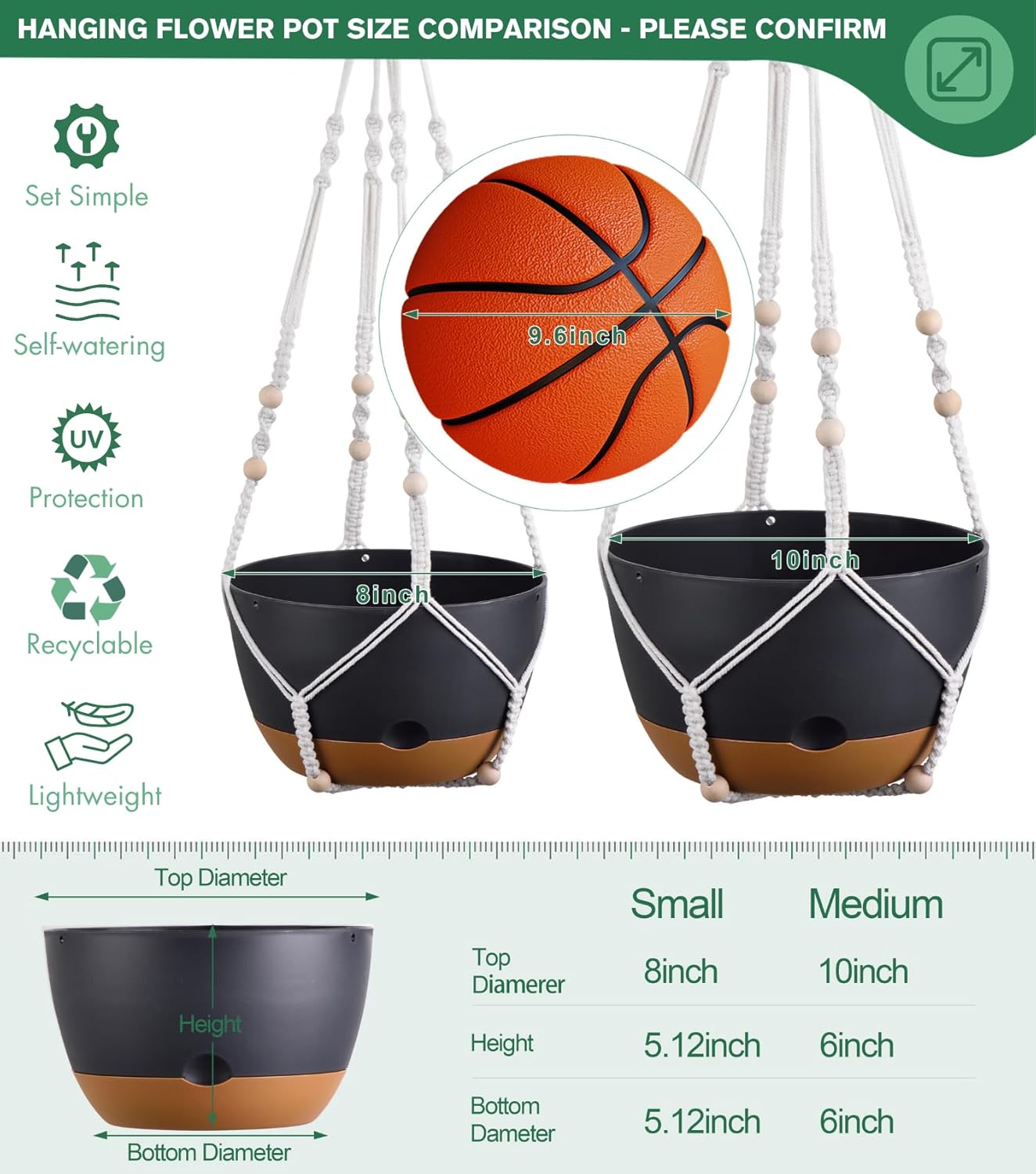 Set of 2-8 Inch Hanging Planters for Indoor Plants with Self-Watering Includes Hanging Pots for Plants, Outdoor Hanging Plant Pot with Drainage, and 2 Types of Baskets Hangers (Black)