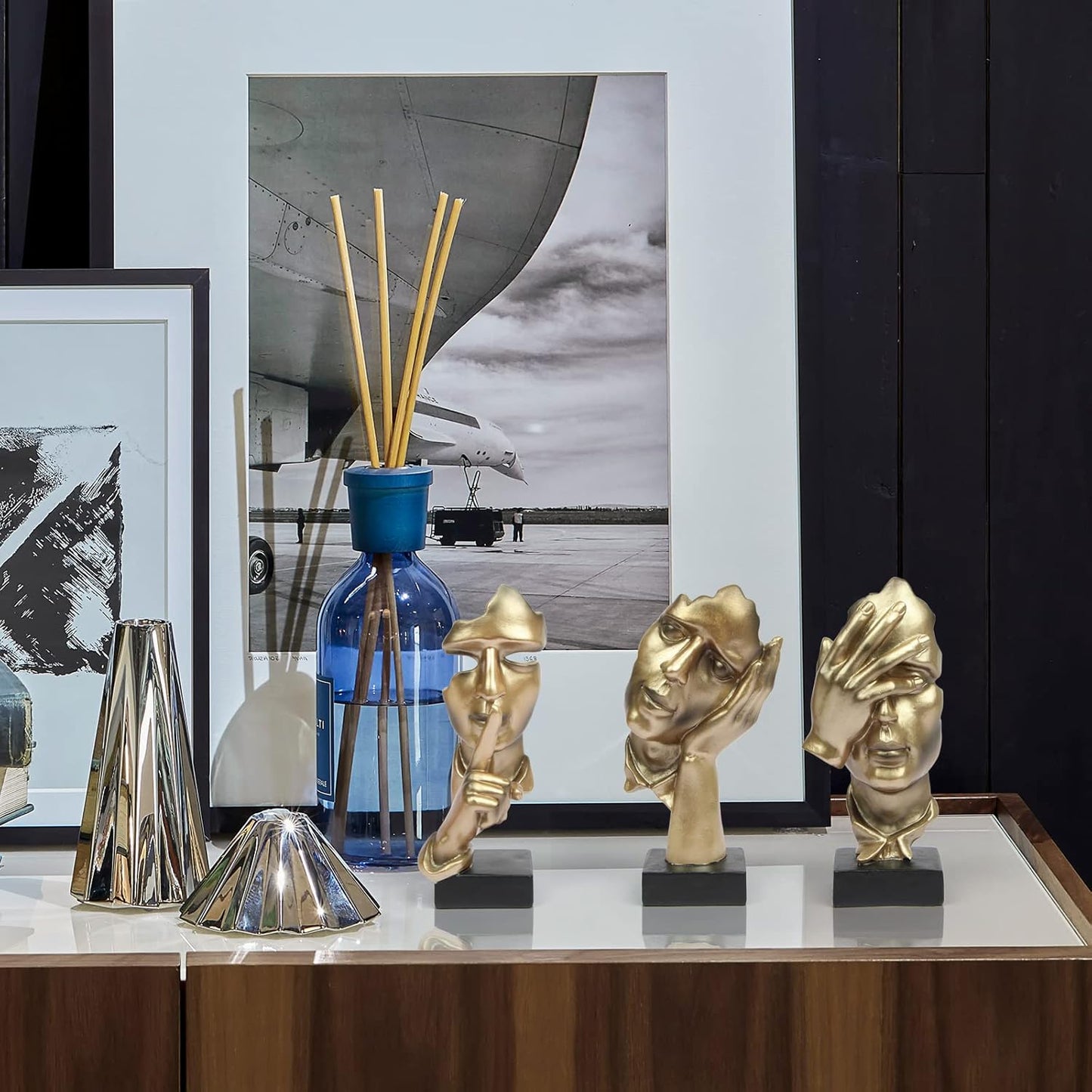 3 Pcs Thinker Statue, Silence is Gold Abstract Art Figurine, No Hear No See No Speak Modern Home Resin Sculptures Decorative Objects Decor for Home Office Bookshelf Desktop(Gold), A-41