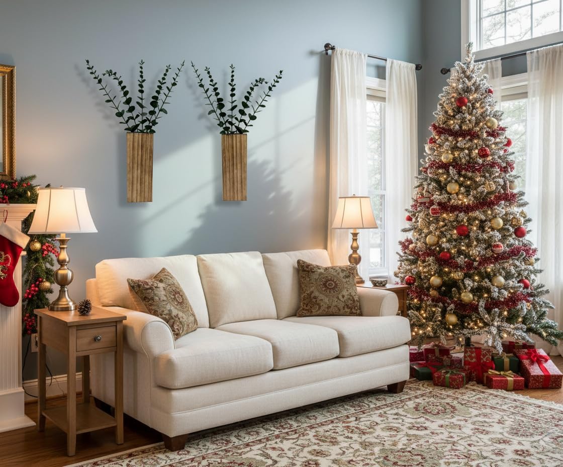 2 Pieces Wooden Wall Hanging Plant Pots Vase Contains Artificial Green Plants for Indoor Fake Plants Greenery Flowers, Modern Planters for Bathroom, Living Room, Kitchen Decor, (Wood Color)