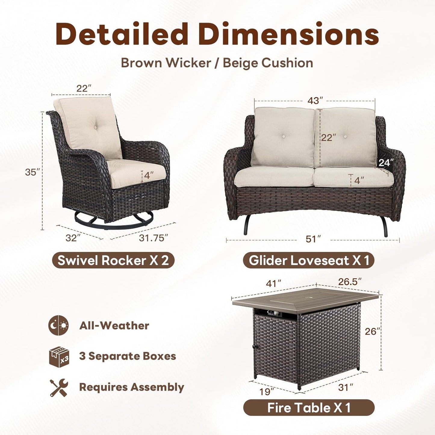 4 Piece Patio Furniture Set with Fire Pit Table - 41inch 50000 BTU Propane Fire Pit Table with High Back Loveseat Glider Chair and 2 Swivel Rocker Chair for Casual Gathering