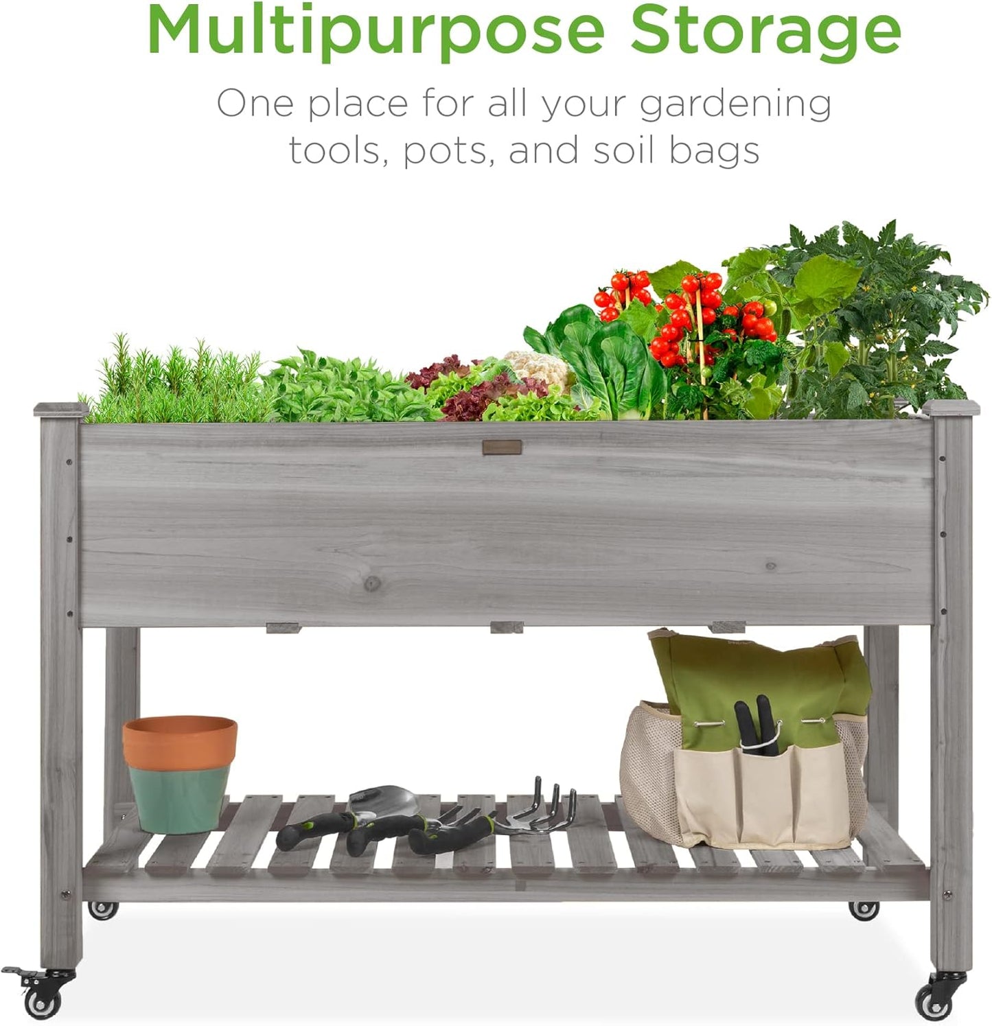 Best Choice Products Raised Garden Bed 48x24x32-inch Mobile Elevated Wood Planter w/Lockable Wheels, Storage Shelf, Protective Liner - Gray
