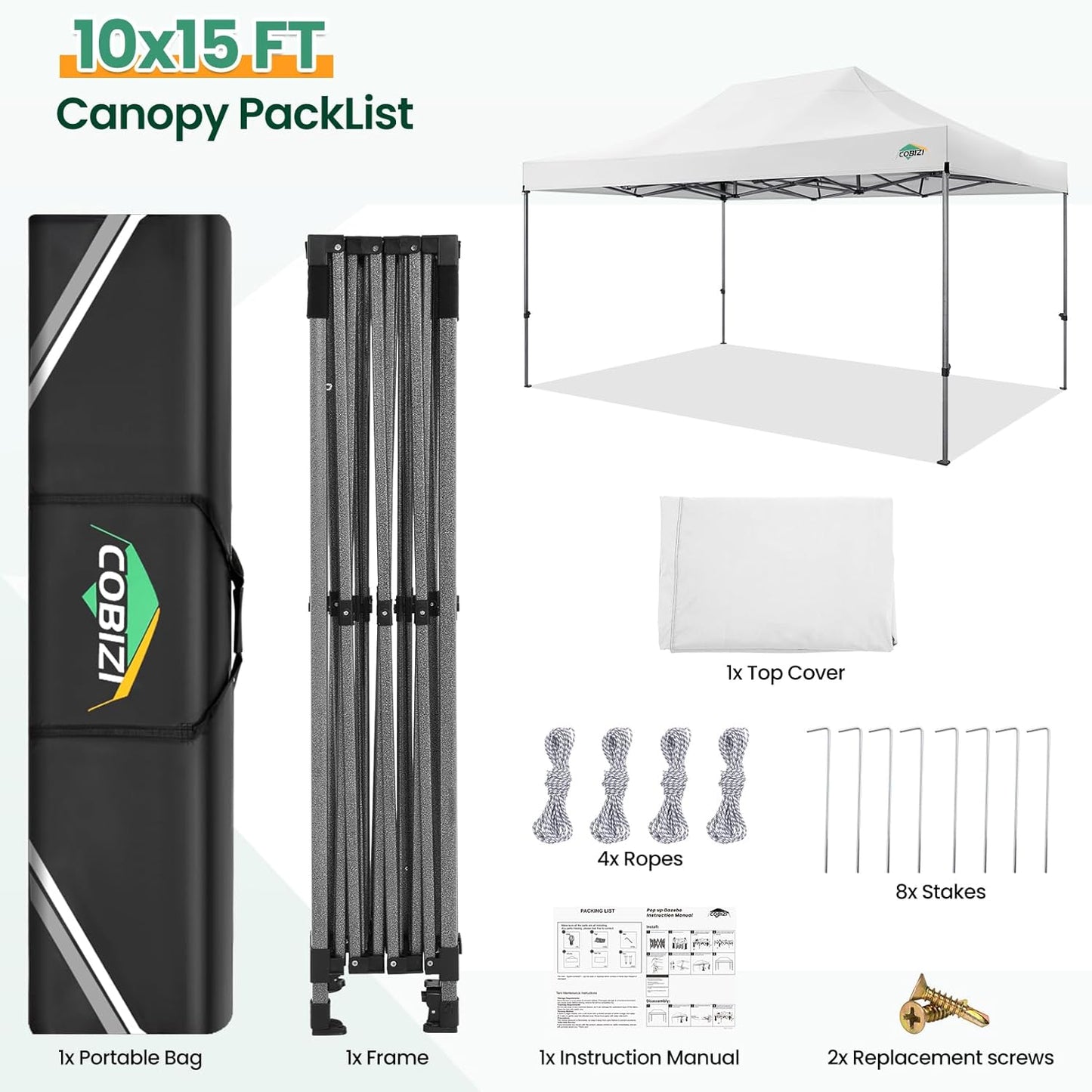 COBIZI 10x15 Heavy Duty Pop up Canopy Tent Easy Up Commercial Outdoor Canopy Wedding Party Tents for Parties All Season Wind & Waterproof Gazebo with Carry Bag, White(Frame Thickened)