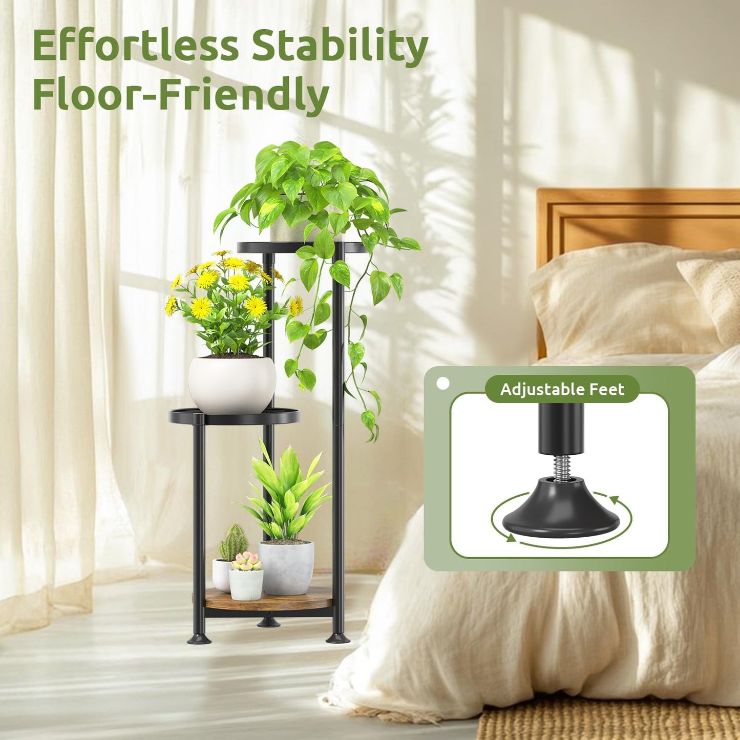 3 Tier Plant Stand Indoor Outdoor, 10in Wide Metal Tiered Tall Flower Pot Holder Multiple Shelf, Large Heavy Duty Round Rack for Patio Garden Living Room Balcony Corner Bathroom Orchid,Modern Black