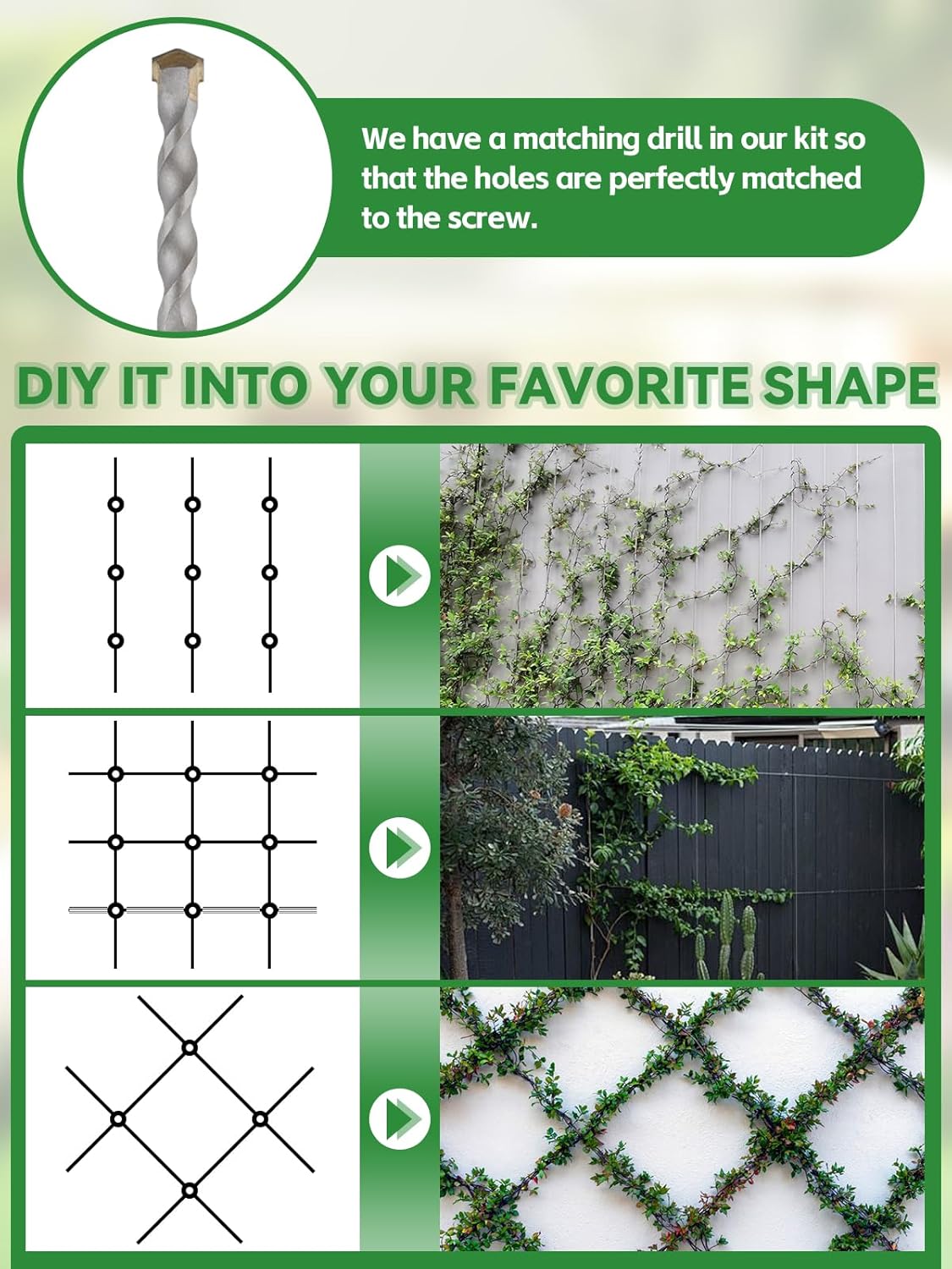 185PCS Wire Trellis for Climbing Plants, Kalolary 100FT Wall Wire Trellis Kit T316 Steel Garden Trellis with Cable & Cutter Wall-Mount Grape Vine Trellis for Outdoor DIY Flower Wall (Cylindrical)