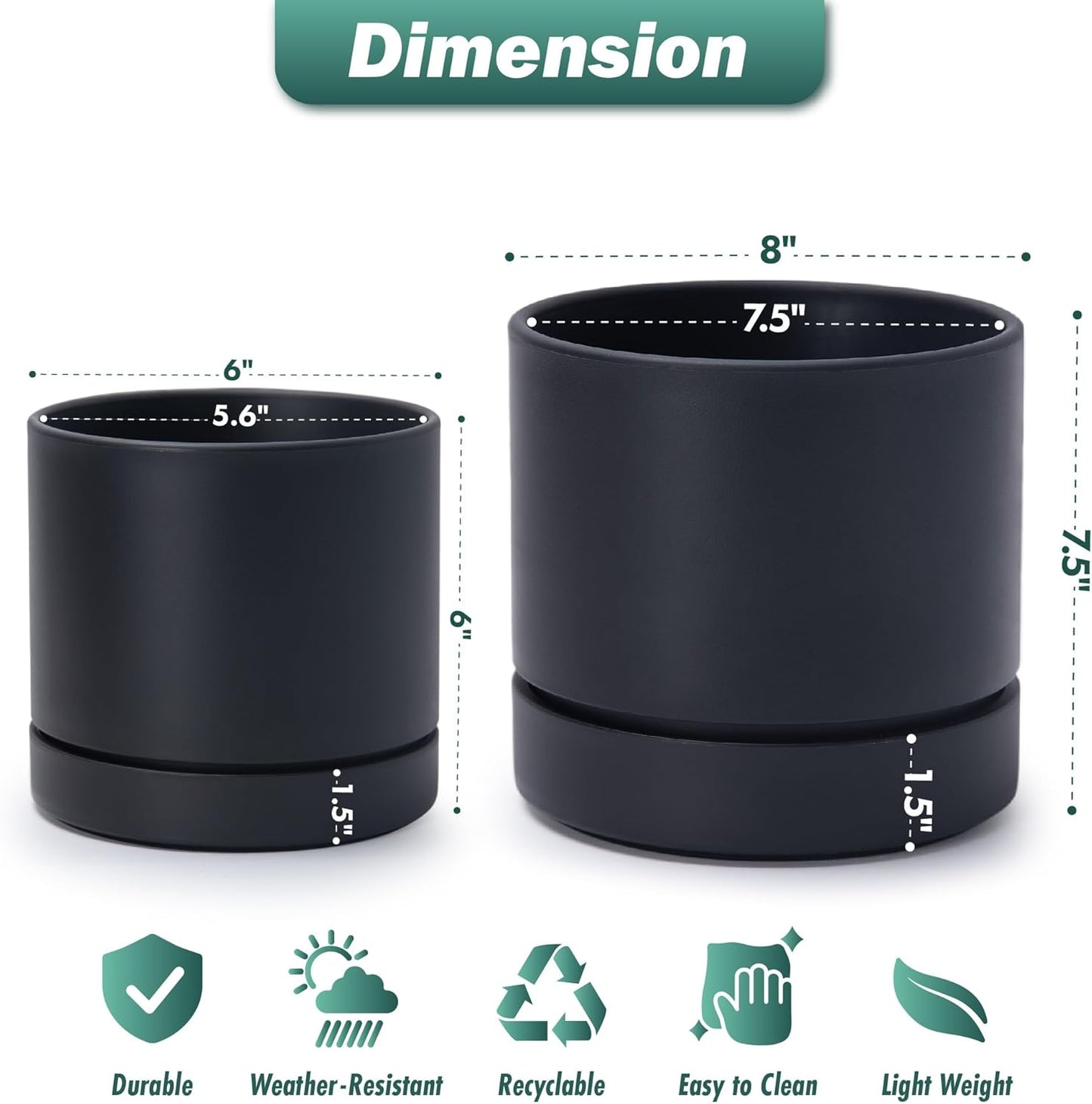 Phoenix Vine 6 Inch and 8 Inch Planter Pot with Drainage Hole & Deep Water Catch Tray Saucer, Straight Cylindrical Round Pot for Plants, Matte Black, 23-A-2-Y