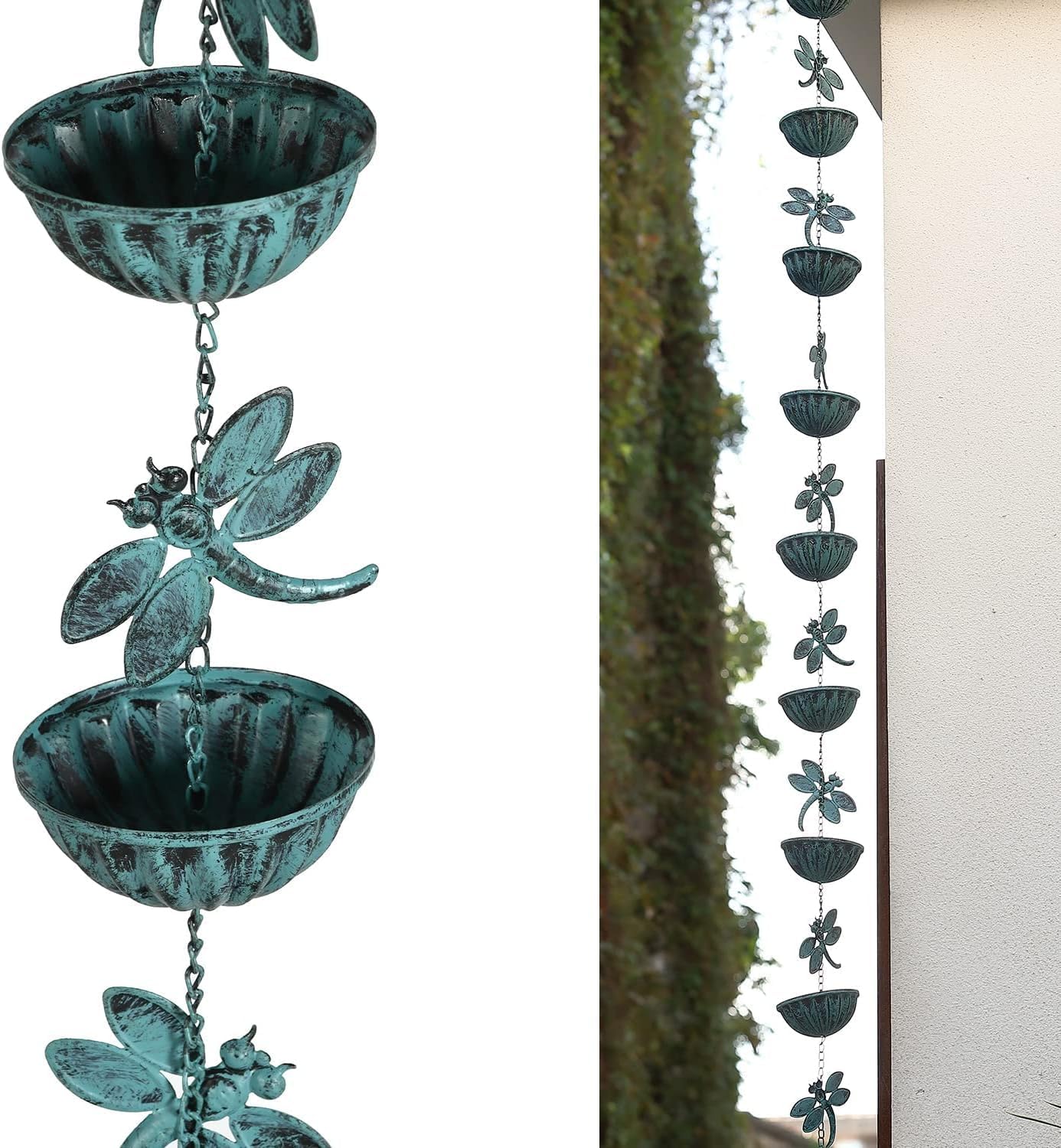 Iron Dragonfly & Cups Rain Chains, 12 Ft Replacement Downspout for Gutters, Antique Blue