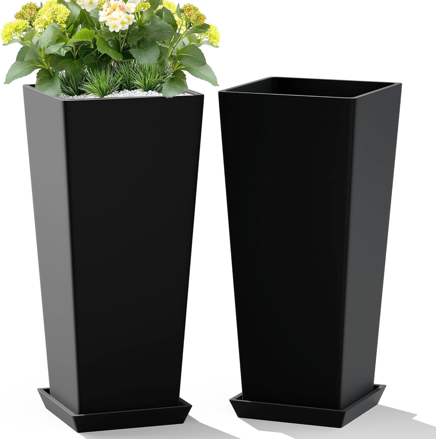 Set of 2 Large Tall Planter for Indoor or Outdoor 24" Flower Pots Tapered Tall Planters with Tray for Porch, Patio, Backyard, Large Planters for Outdoor Indoor Plants(Black)