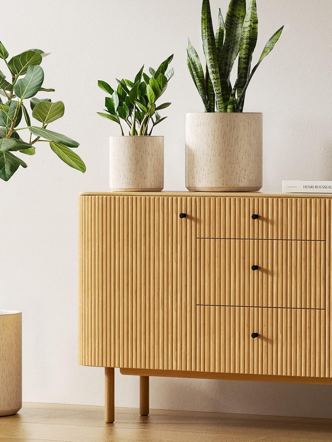 LE TAUCI Ceramic Plant Pots Indoor, 10+8+6 Inch Planters for Indoor Plants, Mid-Century Modern Flower Pots with Drainage Hole and Plug, Cylinder Round Planters, Set of 3, Reactive Glaze Beige