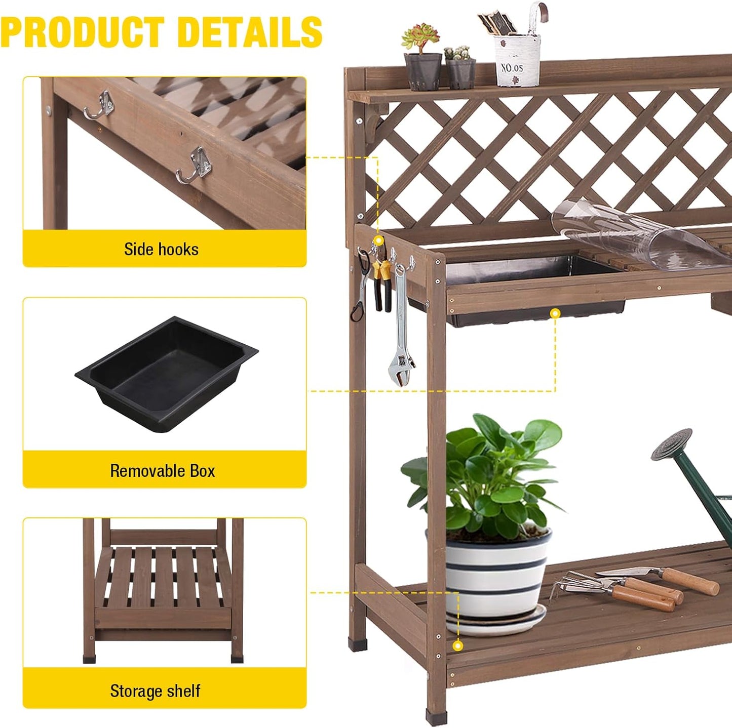 Aivituvin Potting Bench Outdoor with PVC Layer Wooden Planting Table with Sink & Lid Gardening Work Bench with Drawer, Shelf, Hook