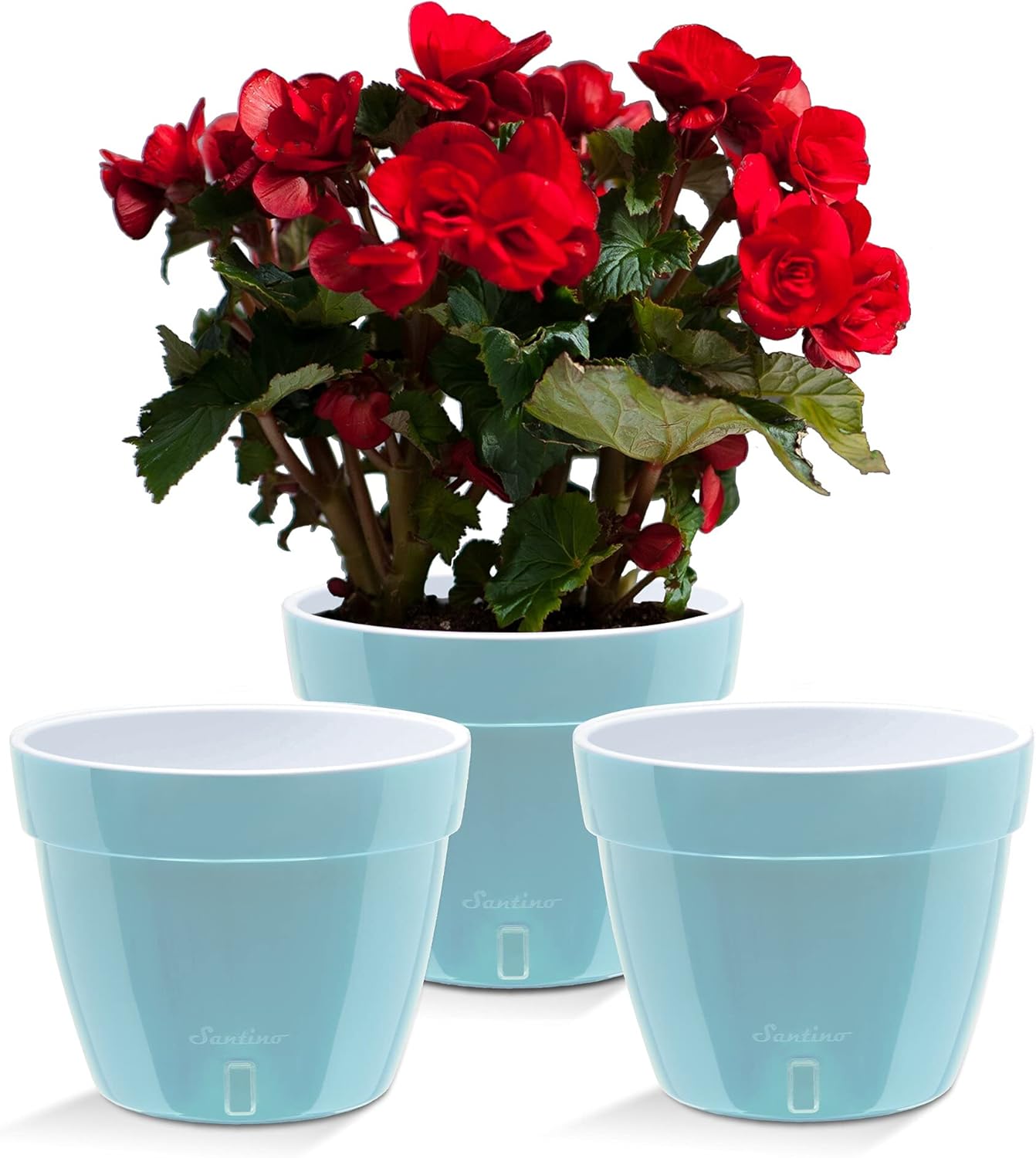 Santino ASTI 9.2 Inch Self Watering Planters Menthol/White (Set of 3) for Indoor Plants - Premium Quality Modern Plastic Pot w/Water Level Indicator for All House Plants, African Violets and Dahlias