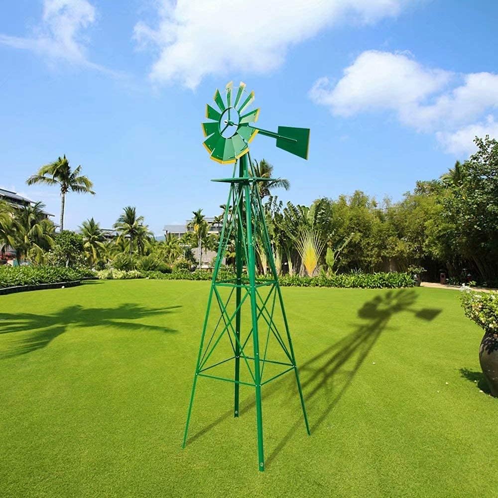 VINGLI 8FT Ornamental Windmill Backyard Garden Decoration Weather Vane, Heavy Duty Metal Wind Mill w/ 4 Legs Design (Green, 8, Feet, 21.6, Inches, 8.00, Feet, 25.98, Inches, 25.98, Inches)