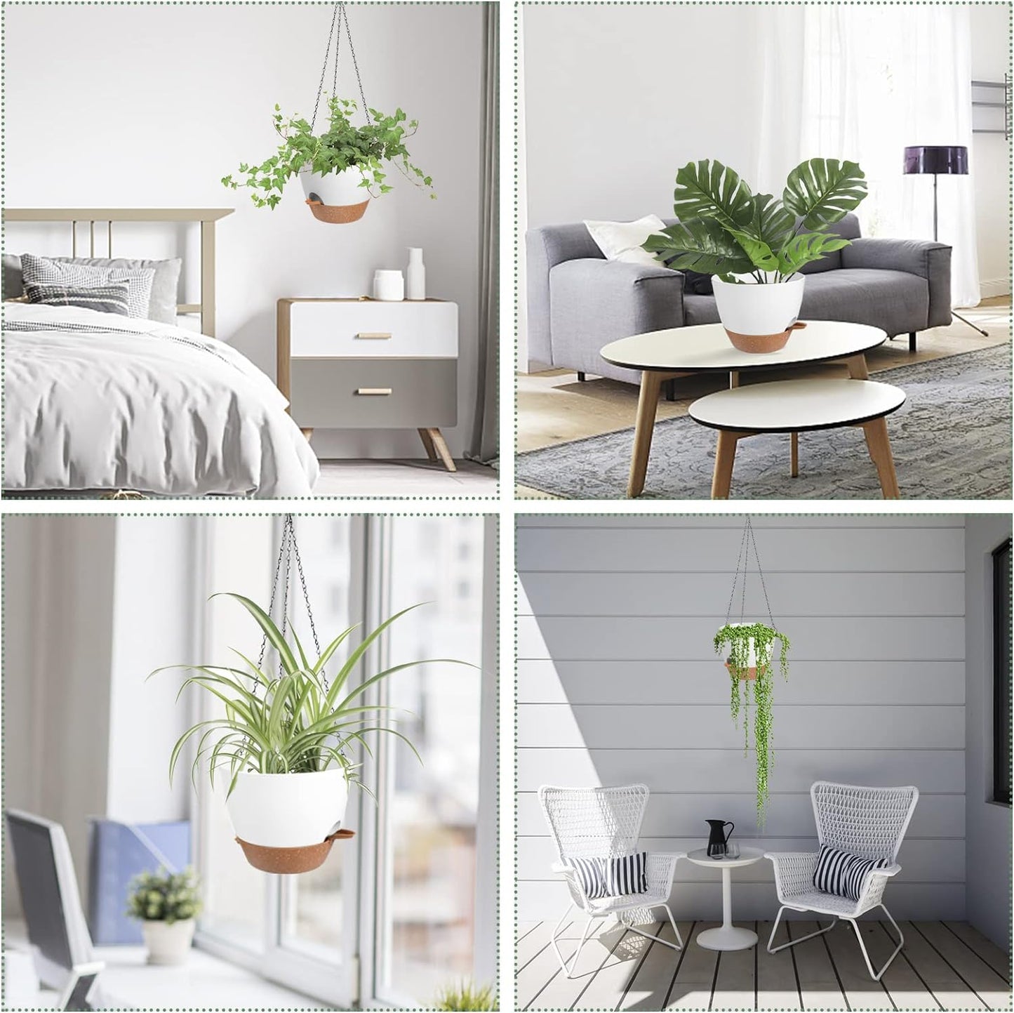 Hanging Planters for Indoor Outdoor Plants, 2 Pack Self Watering Hanging Pot with Drainage Holes & Removable Tray (White, 8'')