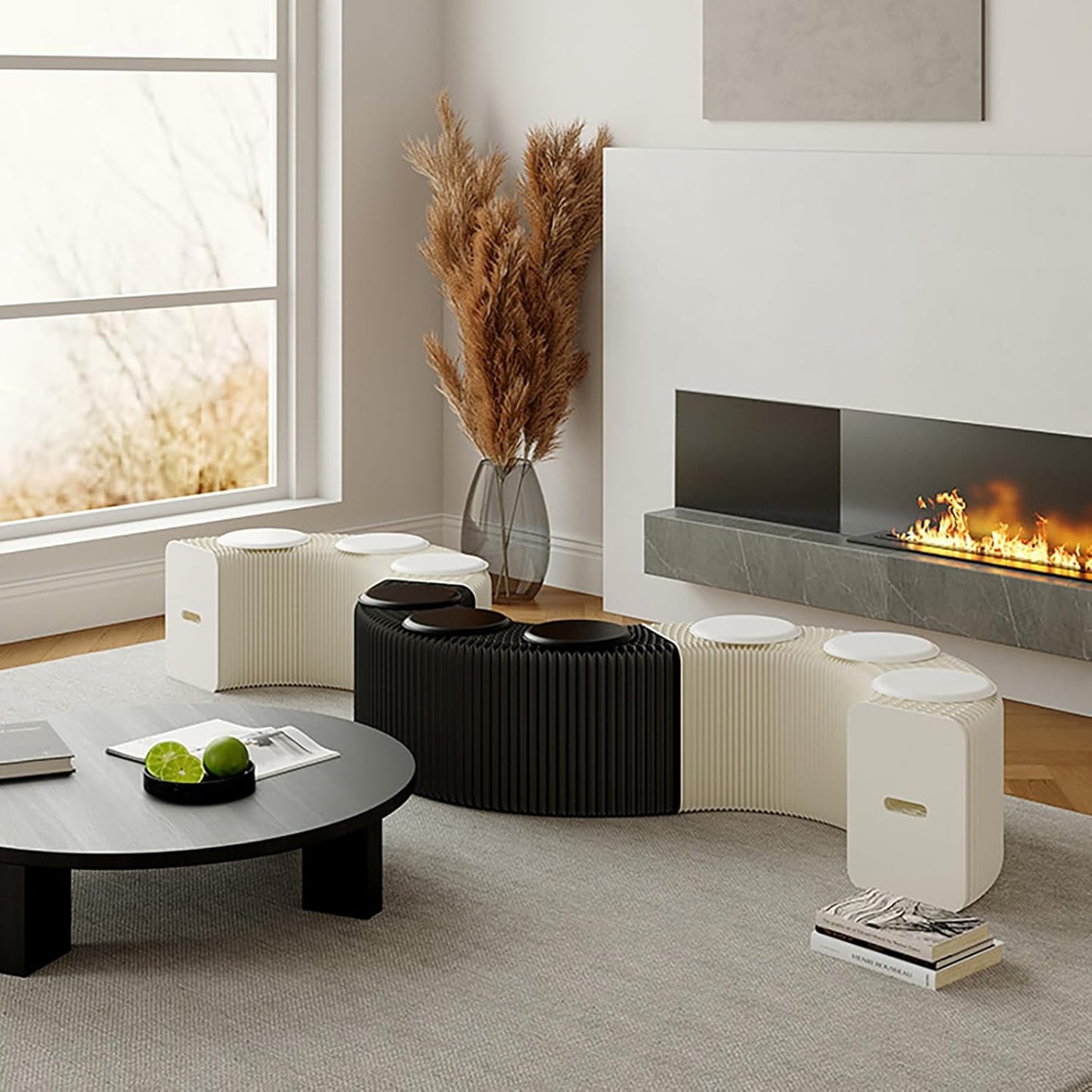 Foldable Kraft Paper Stool, Honeycomb Accordion Folding Bench, Collapsible Paper Stool for Small Spaces, Portable Footrest and Side Table for Living Room and Office,Black-44×31×300cm