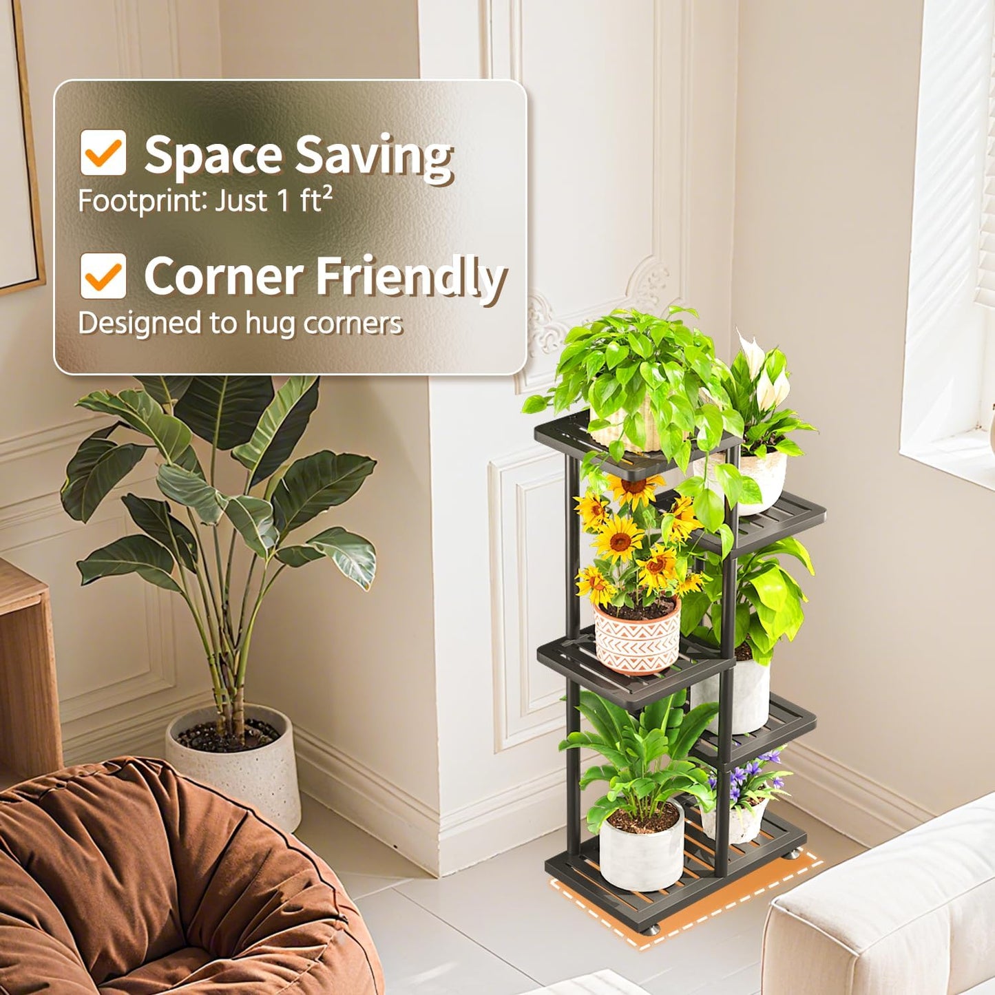 LASZOLA 4 Tier Plant Stand Indoors Outdoors for Large Heavy Duty Planter, Black Metal Tall Flower Holder Rack with Multiple Shelf for Modern Patio Corner, Vertical Organizer, Weather Resistant Bracket