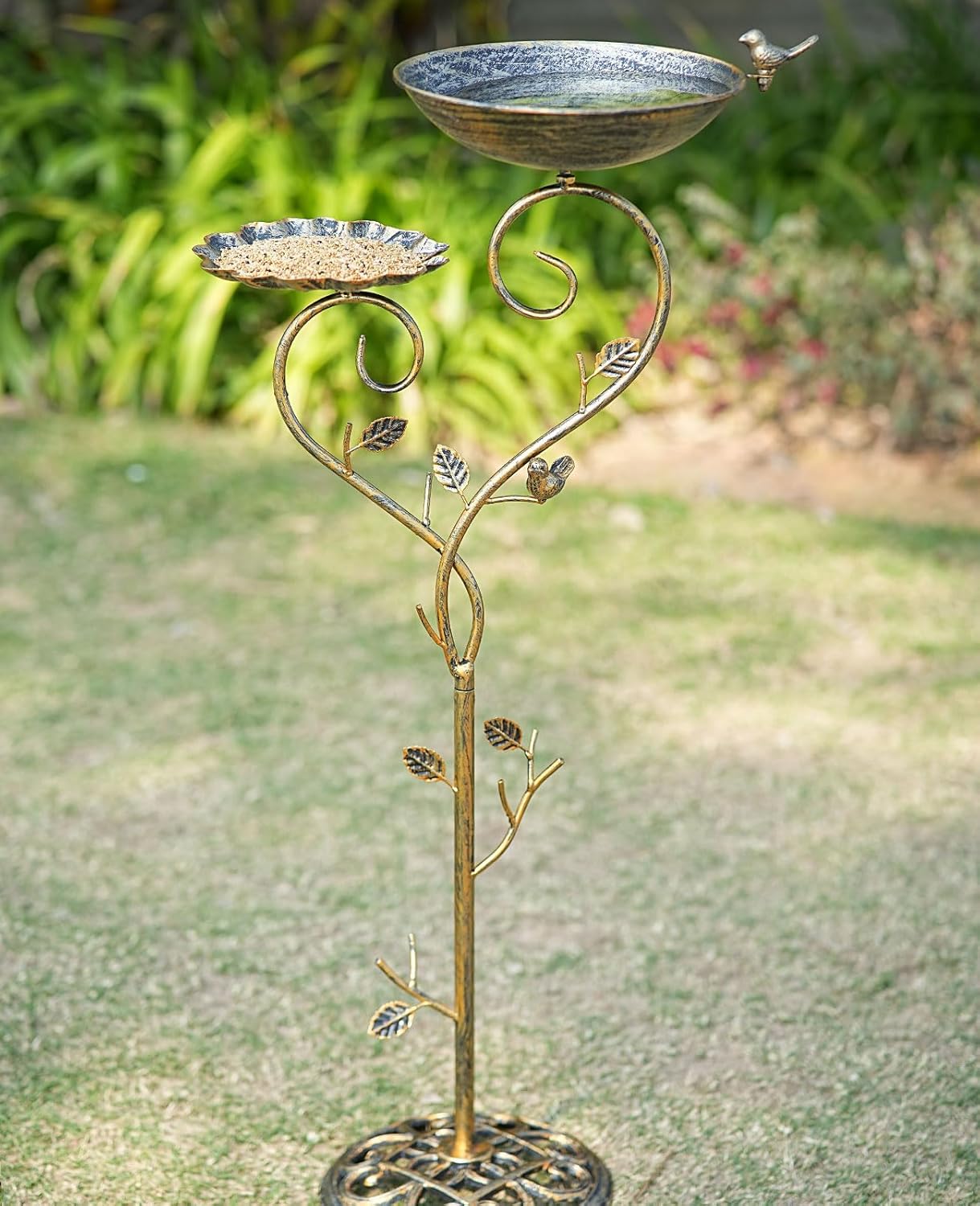 37" H Cast Iron Pedestal Bird Bath, 2 in1 Bird Baths for Outdoors/Metal Bird Feeder Bowl Tray,Vintage Metal Bird Bath Garden Yard Decor