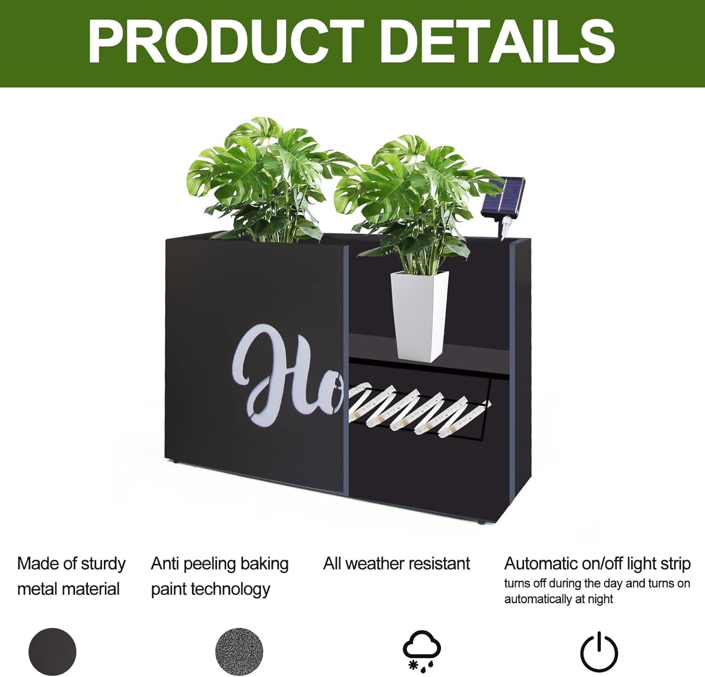 Metal LED Planter Box Rectangular Block - Galvanized Steel Long Planters Box with Solar Light Outdoor All-Weather Use with Drainage Holes for Cafe Bar Mall Patio/Porch/Entrance, 35.5×24×12IN（Home）