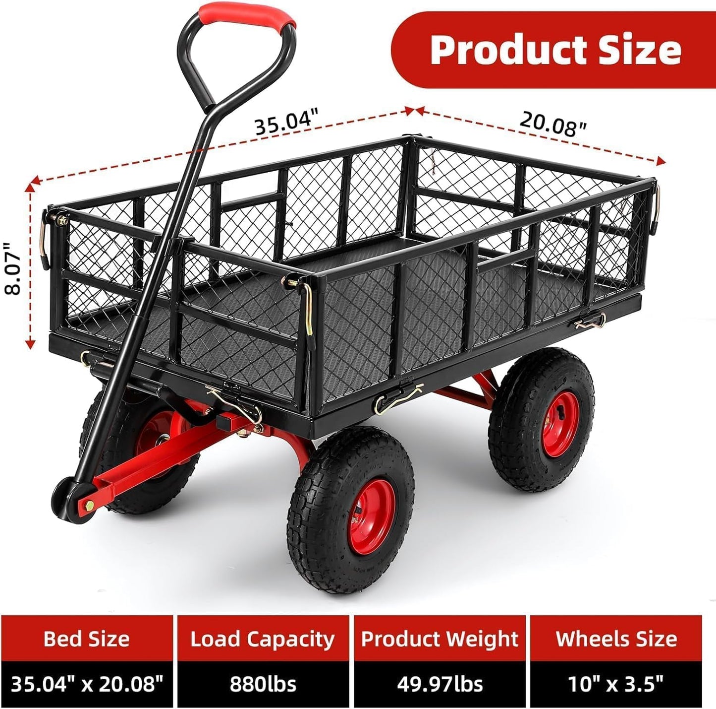 880 Lb 10 Inch Tire Steel Garden Cart with 4-Side Removable Mesh and 180° Swivel Handle, Garden Wagon Cart Heavy Duty, Heavy-Duty Patio Dump Cart Utility Wagon, for Lawn, Patio