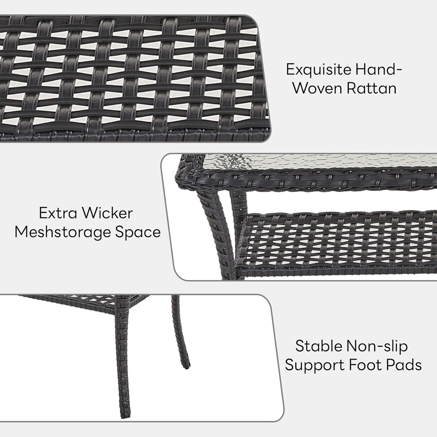 38 Inch Outdoor Coffee Table with 2 Tier Storage - Wicker Coffee Table with Water Ripple Texture Tempered Glass Top, All Weather Patio Coffee Table for Deck Porch Balcony Garden Black