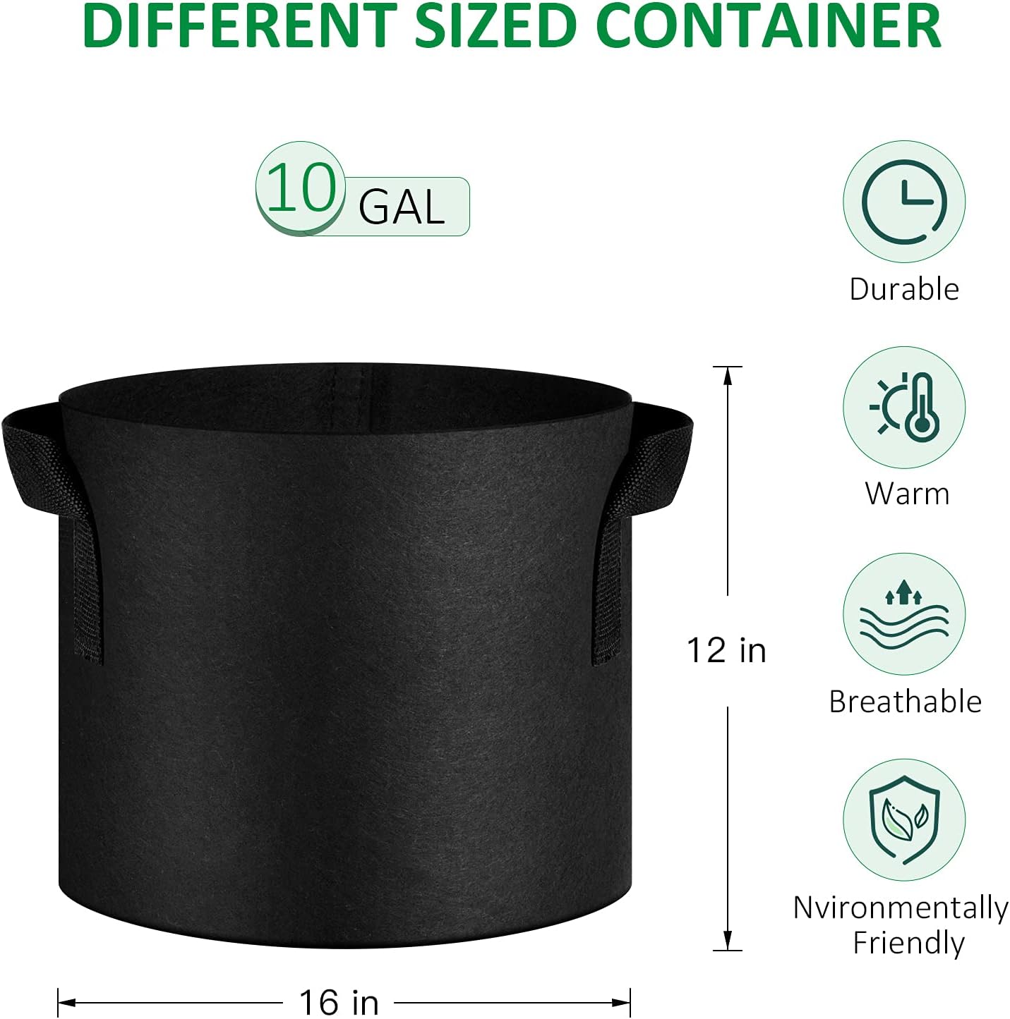 12-Pack 10 Gallon Thickened Non-Woven Grow Bags, Aeration Fabric Pots with Handles