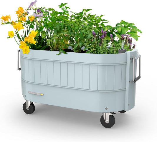 Permasteel Self-Watering Garden Bed, Rolling Planter for Vegetables, Flowers, Herbs, and Fruit, Outdoor Indoor, Caster Wheels, Blue