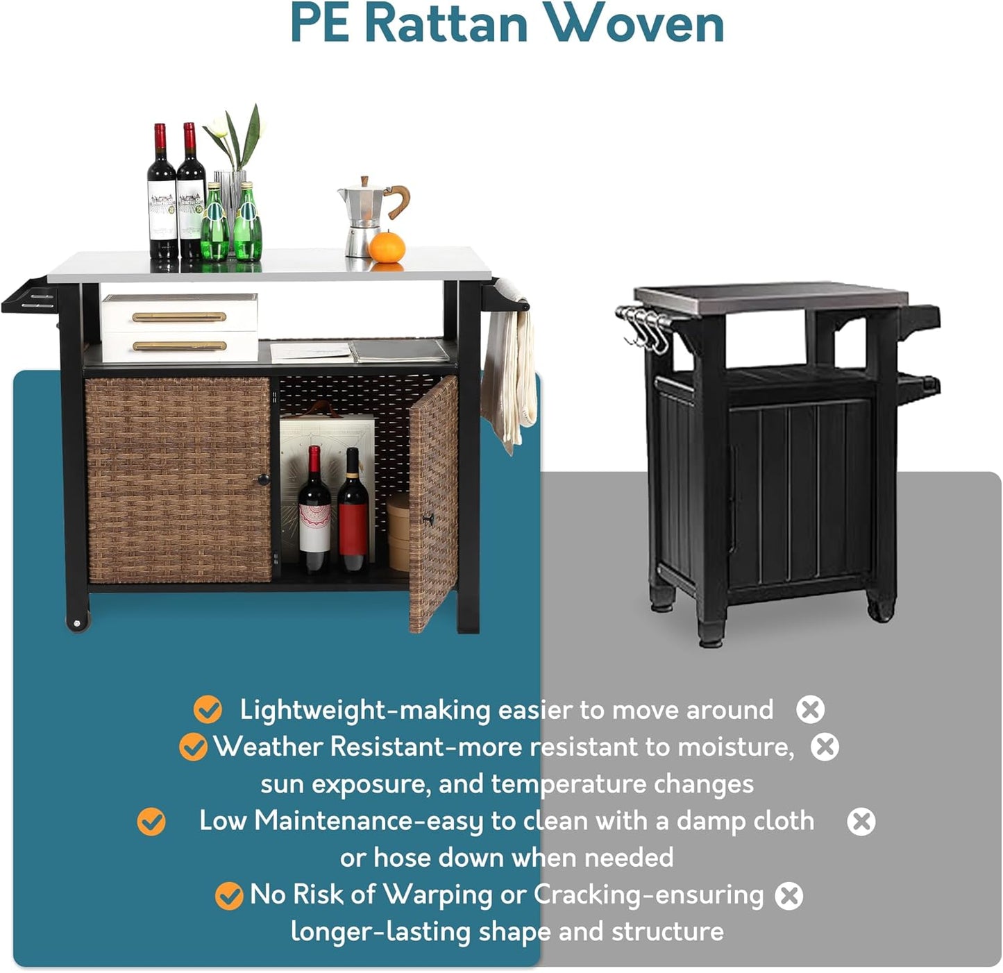 Grill Cart Outdoor with Wheels, Outdoor Prep Table with Wicker Storage and Rolling Wheels, Kitchen Island Serving Cart with Stainless Steel Table Top for BBQ, Porch, Patio, Brown