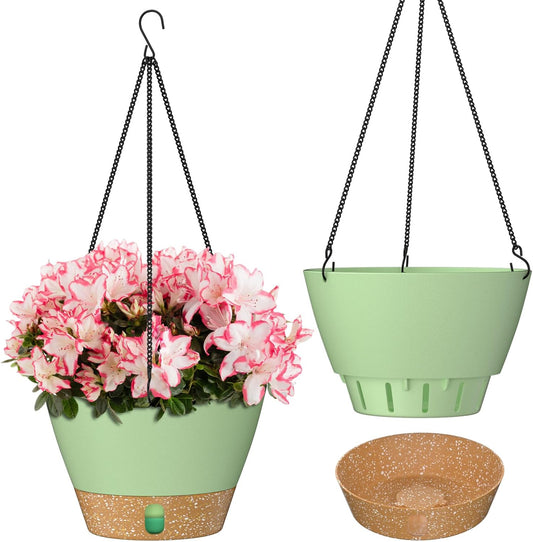 ZMTECH 8 Inch Hanging Planters for Indoor Plants, Hanging Baskets for Plants Outdoor with Visible Water Level, Hanging Flower Pots with Drainage Holes & Removable Tray(2 Pack, Green)