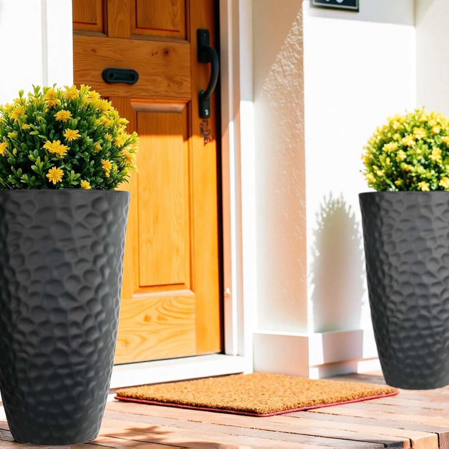 Worth Garden 24" H Tall Hammered Texture Planters Set of 2 - Matte Black Plastic Flower Pot with Drainage Holes, Modern Outdoor Indoor Lightweight Pots for Large Plants, Durable Decor Containers