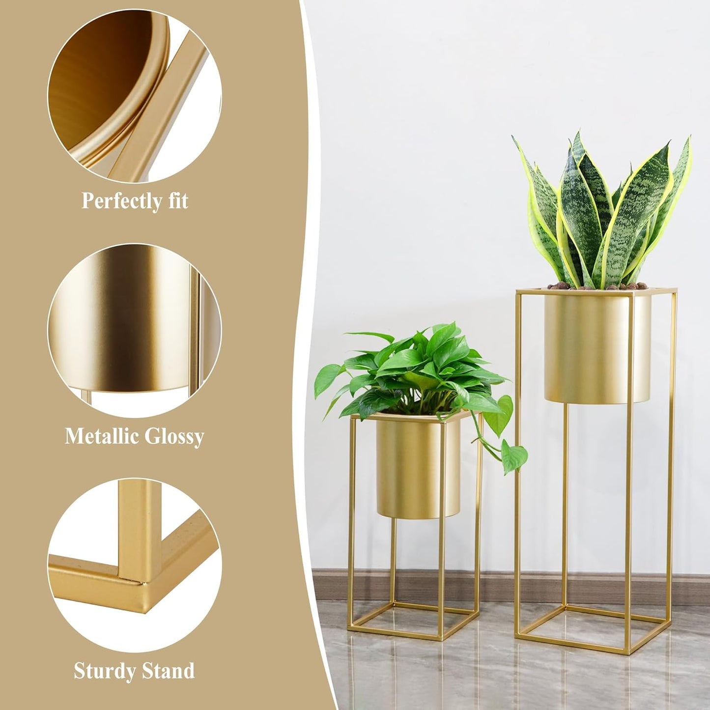TRIROCKS Set of 2 Large Planters with Stand Gold Planter for Indoor Plants 28 &18" H Morden Plant Pots for Living Room Corner Kitchen Office Garden Balcony Patio Decor(Gold)
