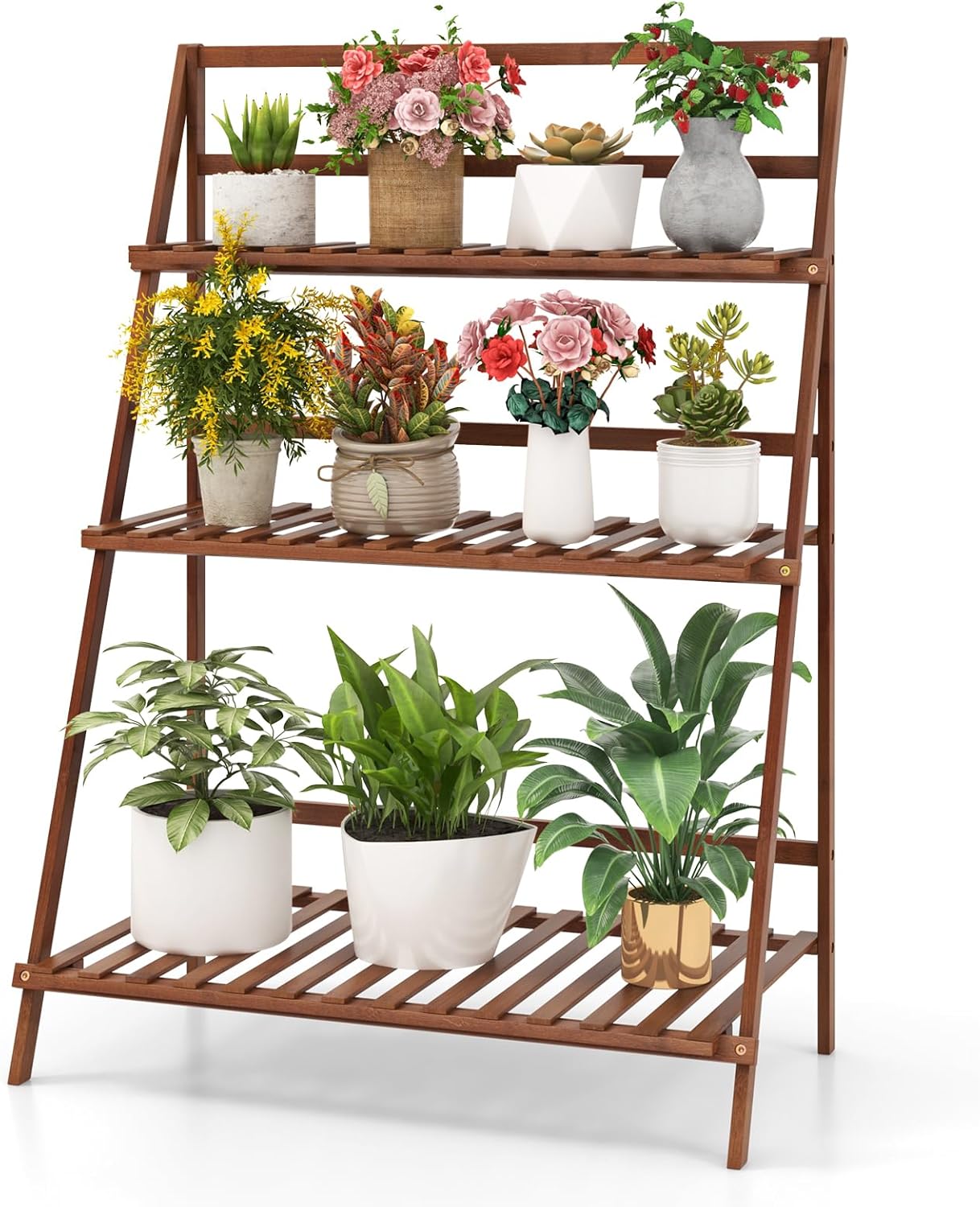 COSTWAY Bamboo Plant Stand, Foldable Multifunctional Flower Display Ladder Shelf, 3-Tier Storage Rack