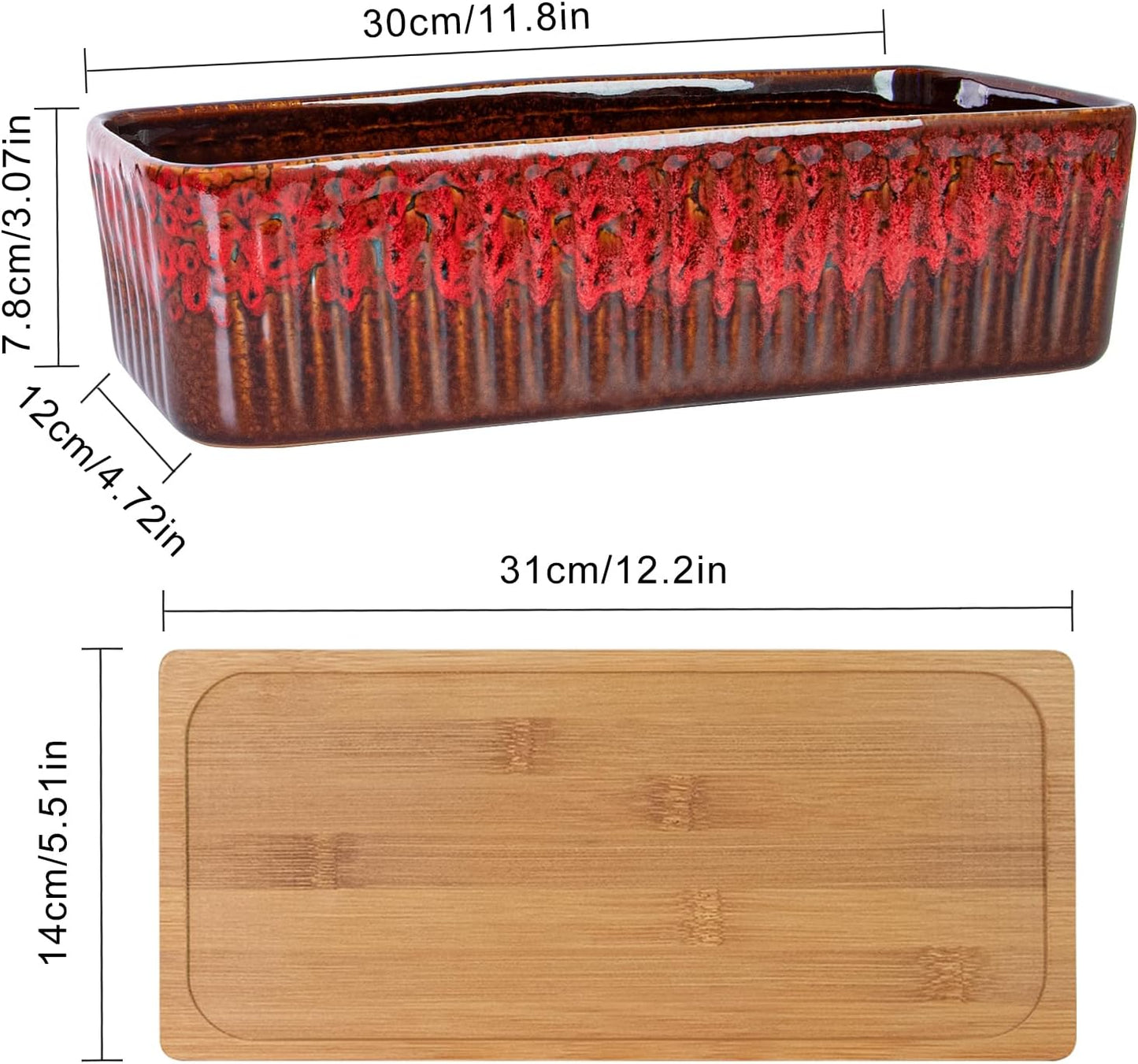 Succulent Pots - 12 Inch Large Succulent Planters with Drainage Tray, Window Sill Planter, Long Rectangle Ceramic Pots for Indoor Cactus Plants Shallow Bonsai Window Box for Home Garden Decor