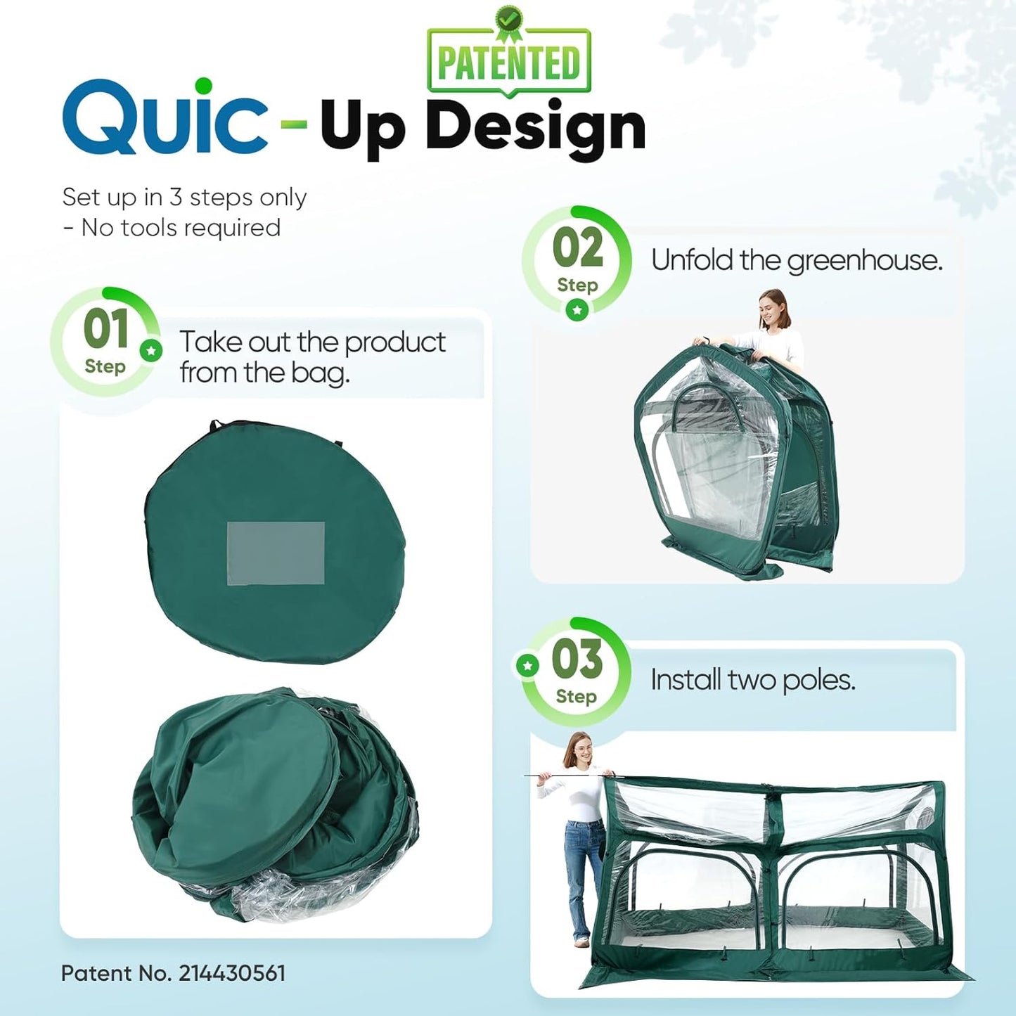 Quictent Premium Greenhouse with Screen Window, Portable Fast-up Plant Greenhouses for Outdoors with Heavy Duty Pop-up Fiberglass Frame Durable Waterproof Cover, 98.4x49.2x52.8 Inch, Green