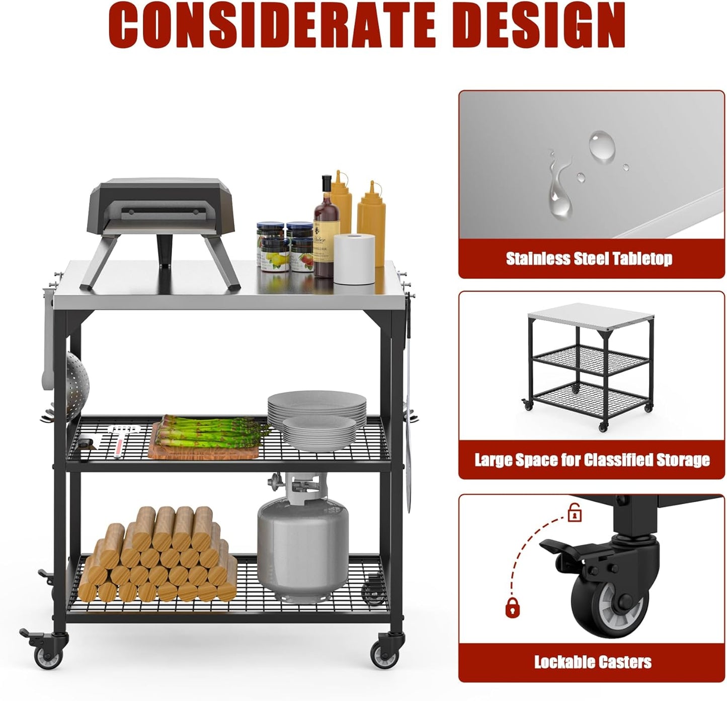 KEESHA Multi-Functional Stainless Steel Pizza Oven Stand Station 35.5 x31.5 x24'' Grill Trolley Stand for Outdoor Indoor Movable Dining Food Prep Cart with 3 Shelves for Ooni, Weber, Blackstone, Ninja