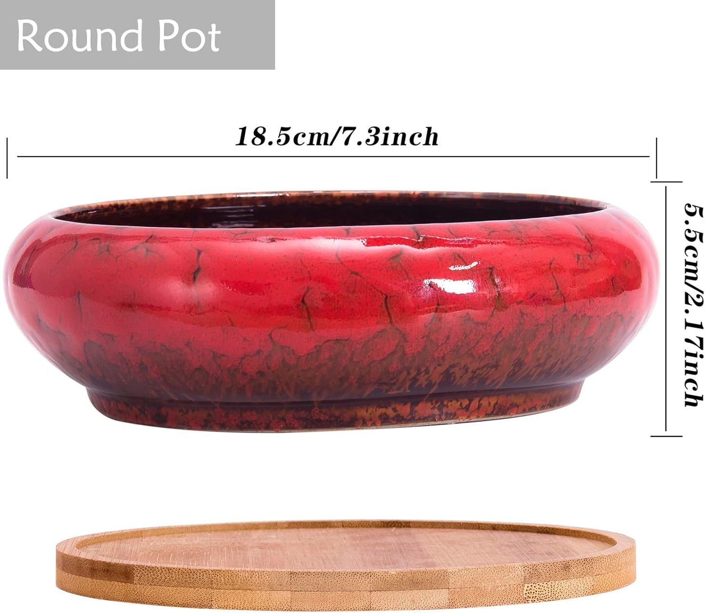 ARTKETTY Succulent Pots, 1 Rectangle Planter + 1 Ceramic Bonsai Pot with Drain Tray, 2 Pack Large Shallow Succulent Planters for Indoor Plants, Round Cactus Flower Plant Pot for Desk Windowsill Decor