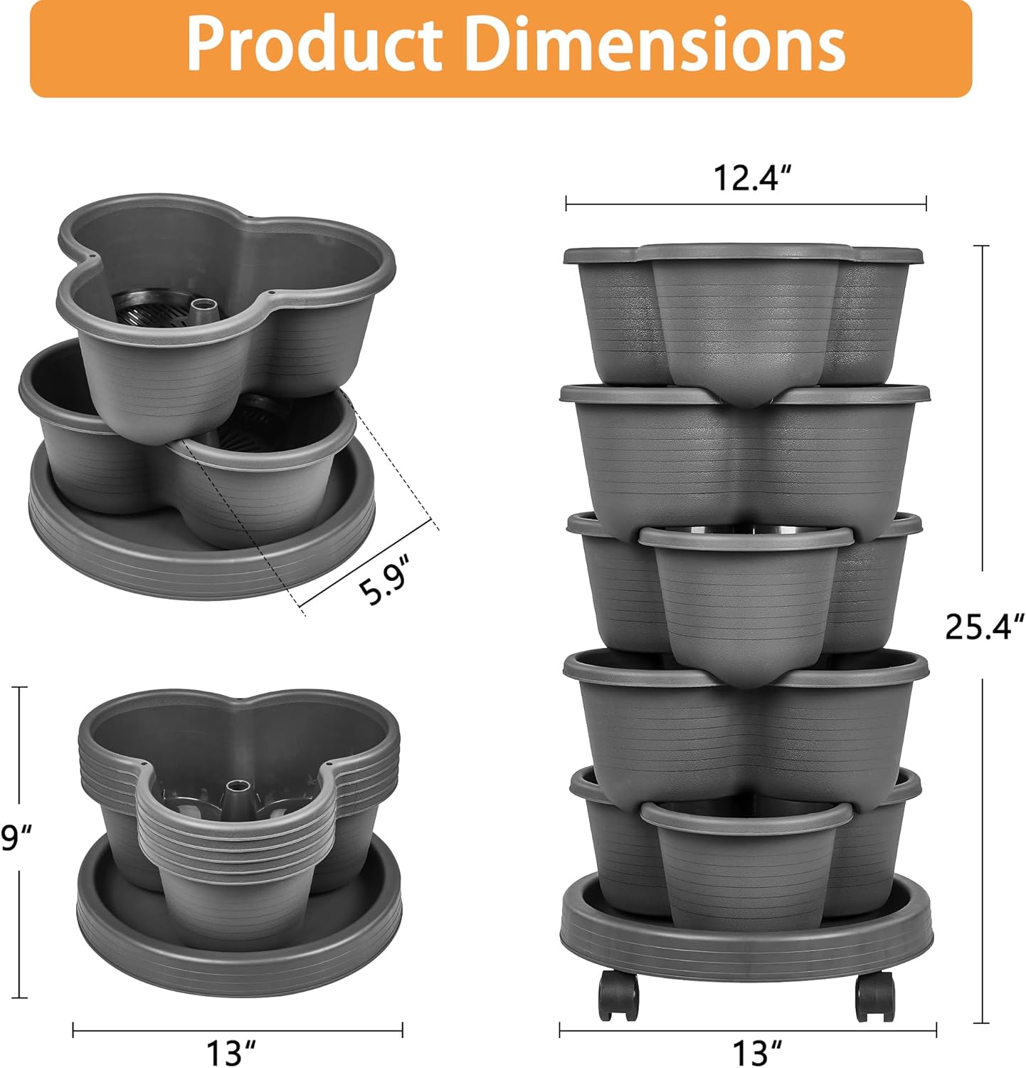 VECELO 5 Tier Vertical Garden Planter, Self Watering Stackable Planters with Wheels for Strawberries, Herbs, Flowers, Vegetables, Dark Gray