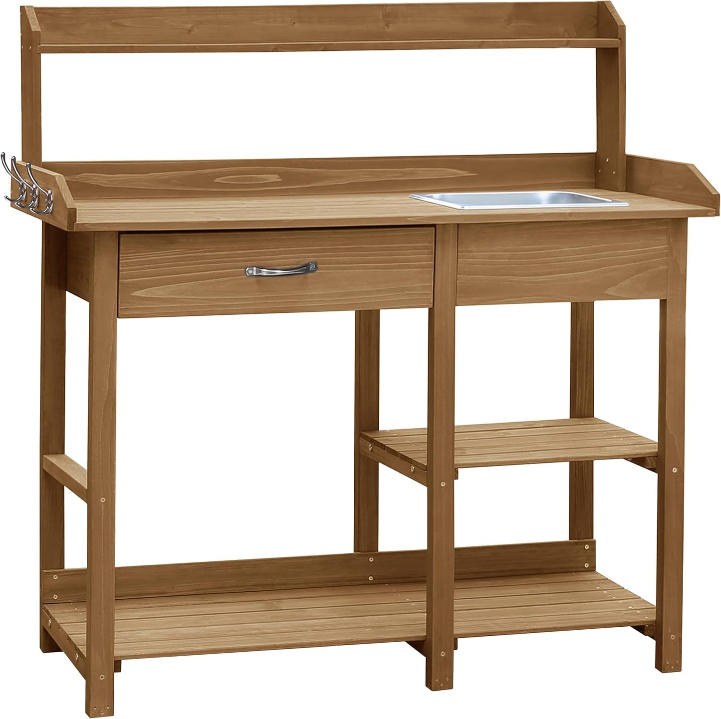 MUPATER Potting Bench Garden Table for Outdoors with Removable Stainless Sink, Planting Work Bench with Storage Shelves and Drawer, Natural Wood