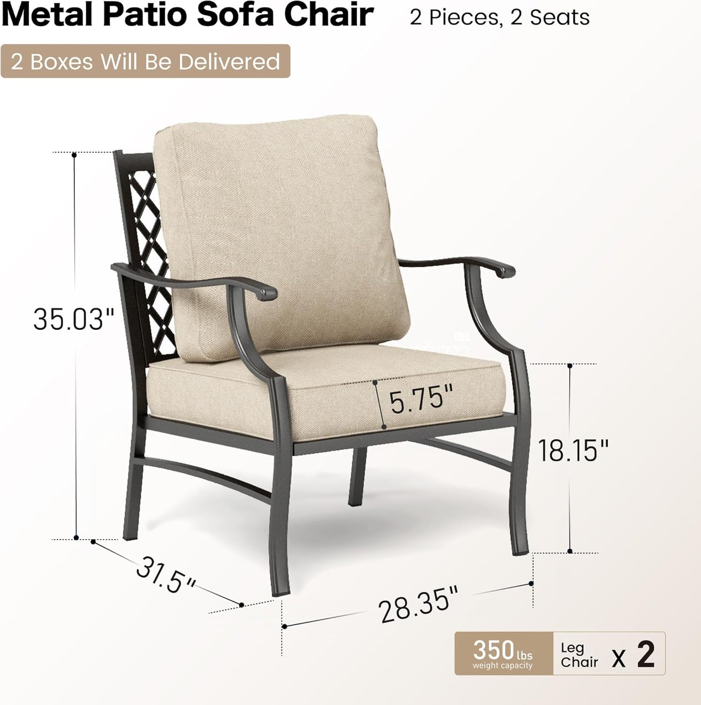 Metal Patio Chairs Set of 2 with 5.75" Extra Thick Cushion, 2 Pieces High Back Outdoor Patio Chairs All Weather Outdoor Furniture Seating for Deck Backyard Balcony Front Porch, Beige