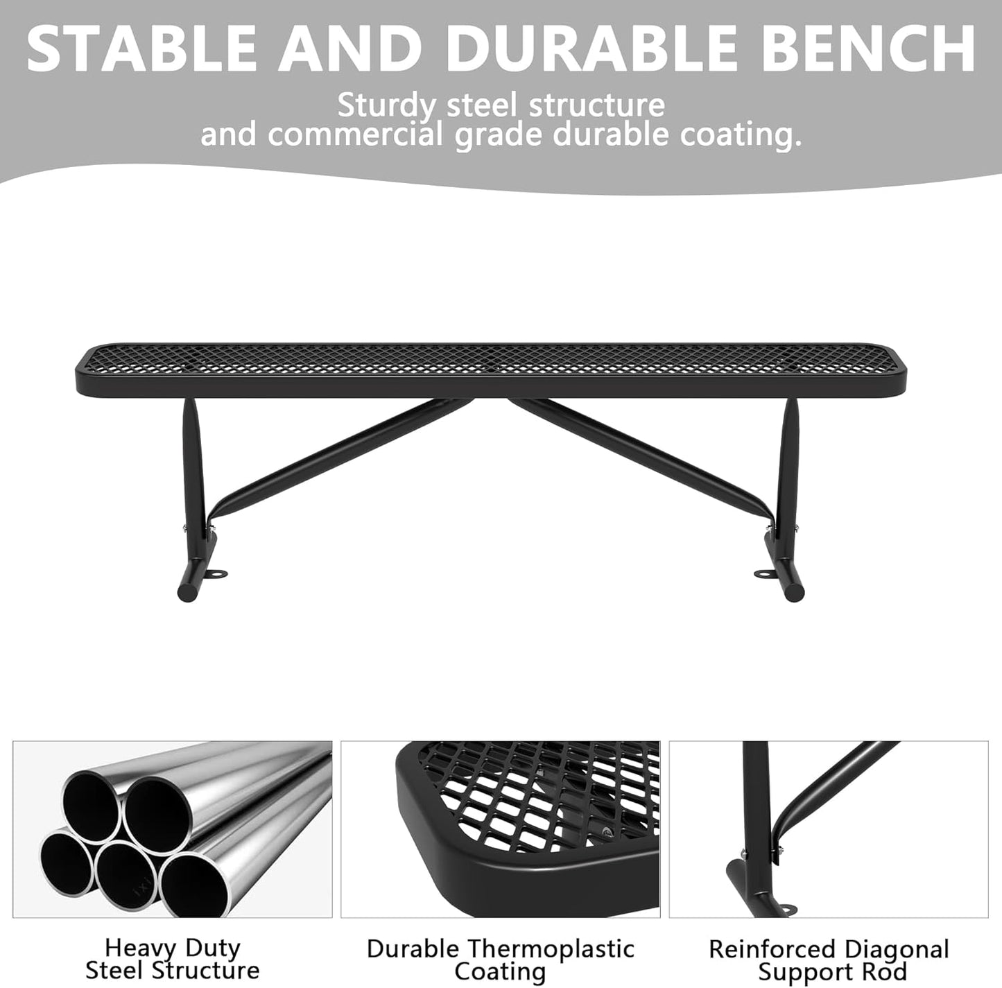 6 Feet Heavy Duty Metal Park Bench for Outside, Outdoor Bench with Portable Frame, Commercial Benches for Shopping Mall, Store, Park, Patio, Deck, Black