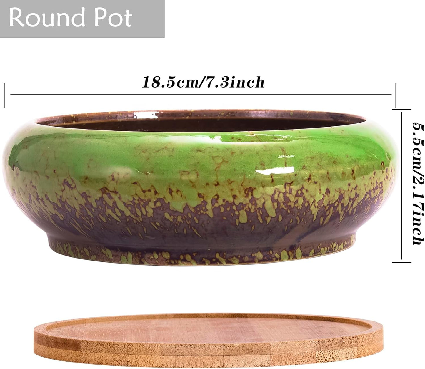 ARTKETTY Succulent Pots, 1 Rectangle Planter + 1 Ceramic Bonsai Pot with Drain Tray, 2 Pack Large Shallow Succulent Planters for Indoor Plants, Round Cactus Flower Plant Pot for Desk Windowsill Decor