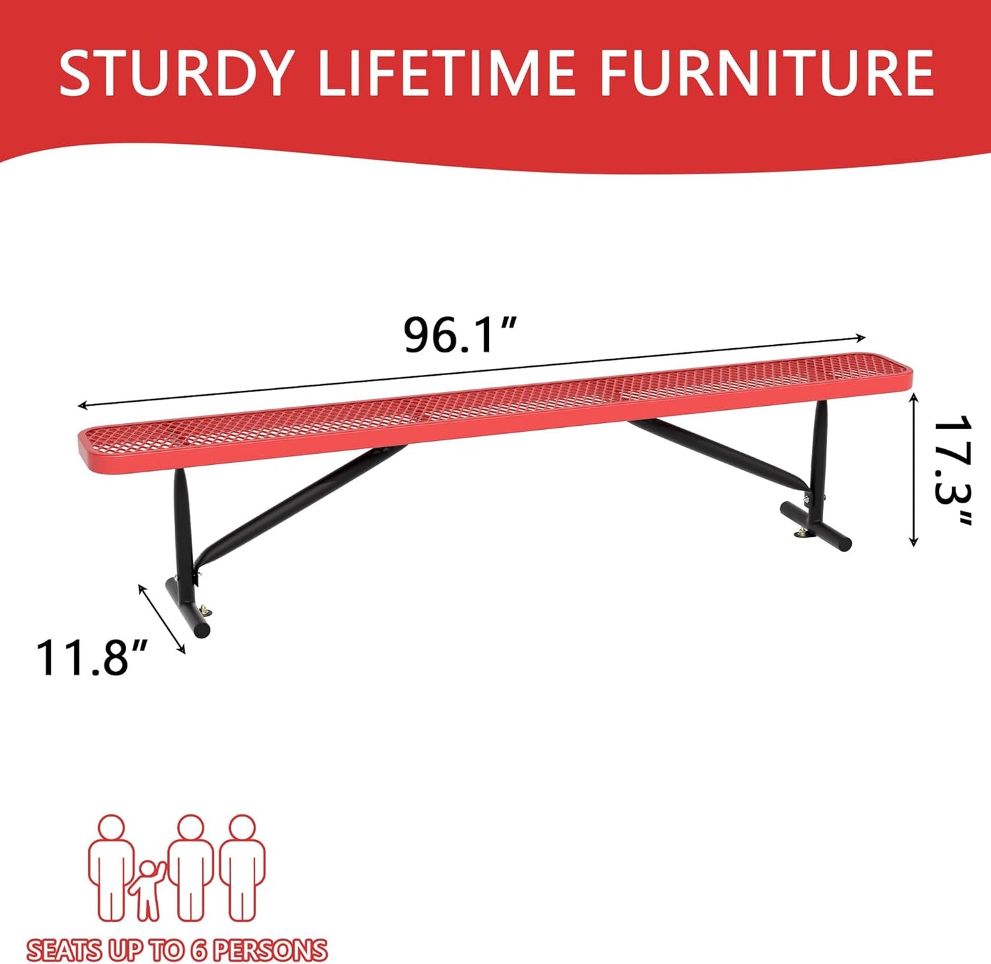 8 Feet Heavy Duty Metal Park Bench for Outside, Outdoor Bench with Portable Frame, Commercial Benches for Shopping Mall, Store, Park, Patio, Deck, Red
