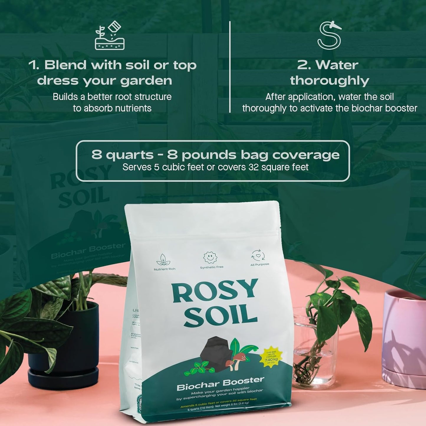 Rosy Soil Biochar Booster - Biochar Soil Amendment for Flowers and Vegetable Gardens - Horticultural Charcoal for Outdoor and Indoor Plants - Biochar Supplement for Potting Soil & Potting Mixes - 8qt