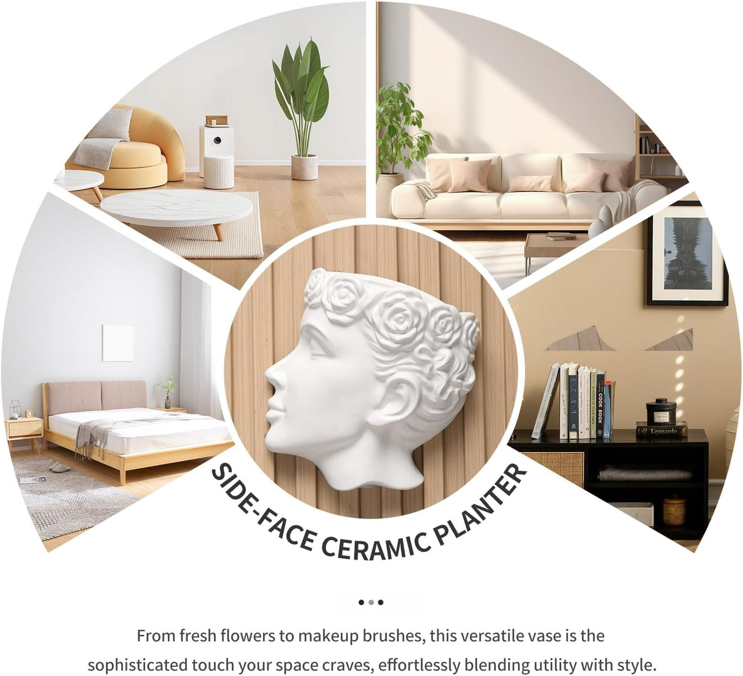 Side-Face Ceramic Planter – Glossy White, Wall-Hanging, with Drainage – 6.7"" Artistic Female Face Vase