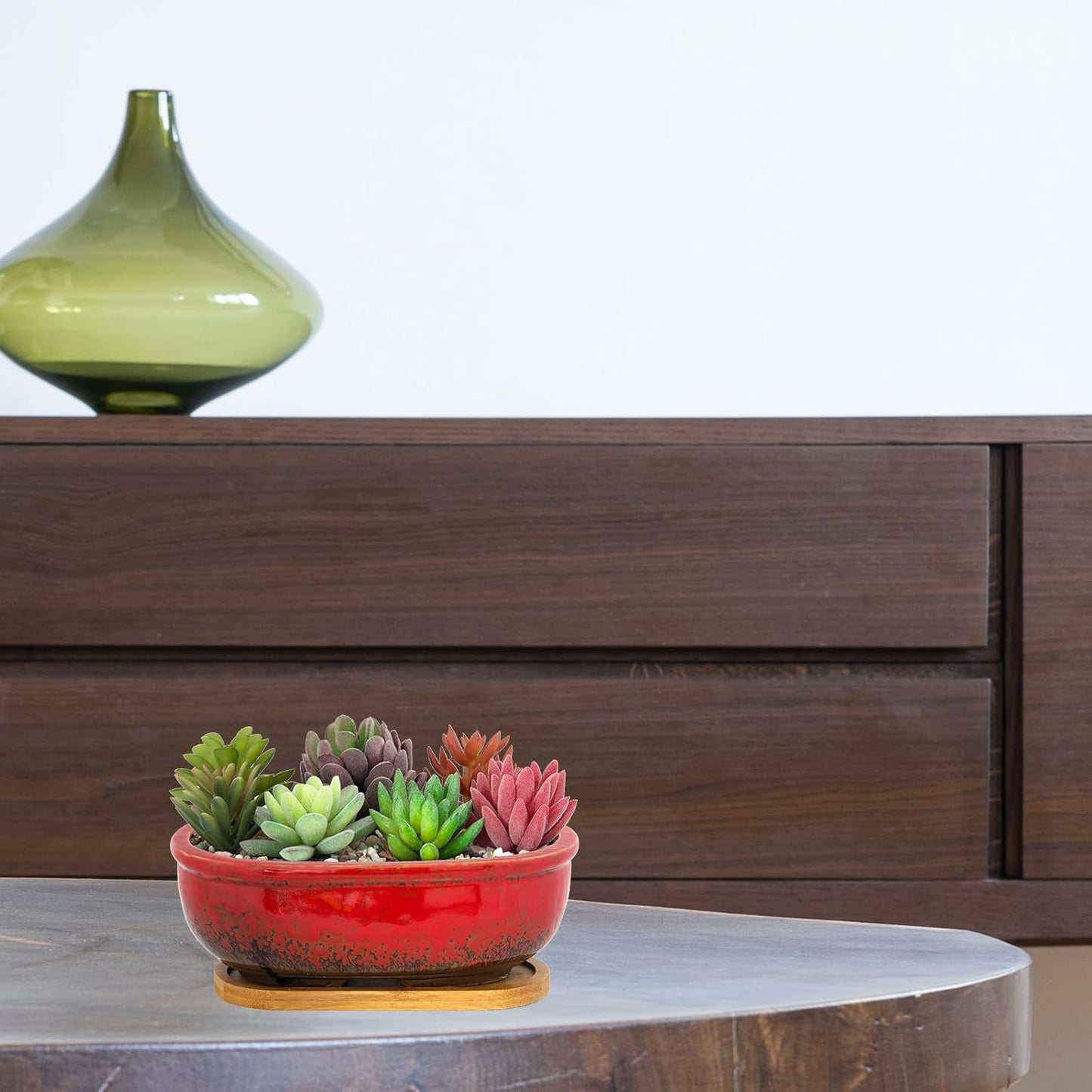 Succulent Pots, 7.9 Inch Long Rectangular Succulent Planters with Drainage Tray, Shallow Planters for Indoor Plants Ceramic Cactus Pots Glazed Bonsai Flower Plant Container for Home Windowsill Decor