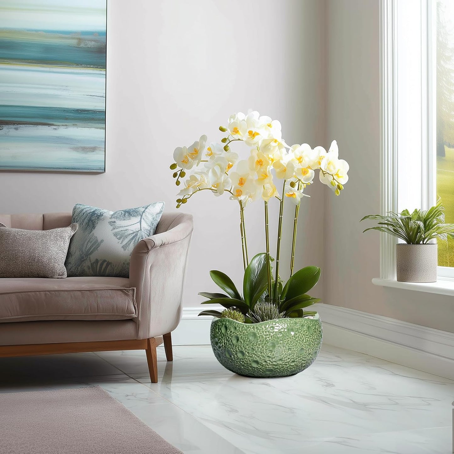 Ceramic Pots for Plants - 13 Inch Large Bonsai Pots Indoor Outdoor, Round Plant Pot with Drainage Hole, Decorative Flower Pot, Modern Unique Planters, Patio Decor, Plant Lover Gifts, Green